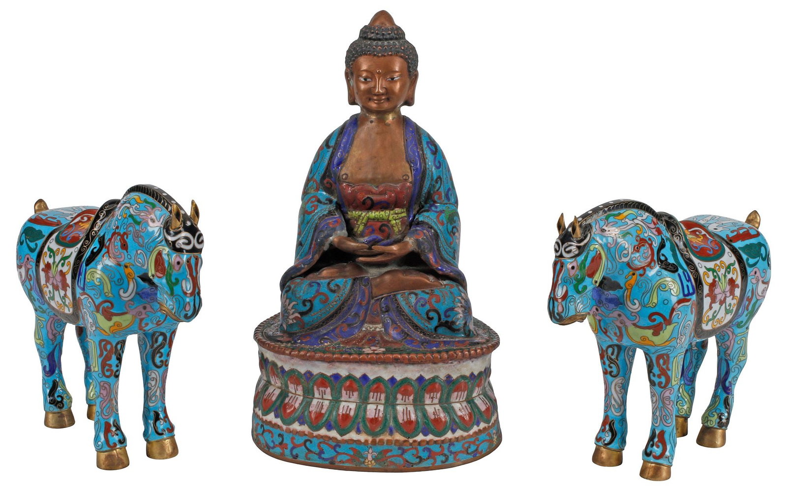 (3) CHINESE CLOISONNE ENAMEL FIGURES, TANG-STYLE HORSES & BUDDHA: (lot of 3) Chinese cloisonne enameled figures, including: (pair) Tang Dynasty style horses, approx 8.25"h, 10"w; (1) Seated Buddha, rising on double-lotus pedestal base, largest: approx 13"h, 7.5"w, 6