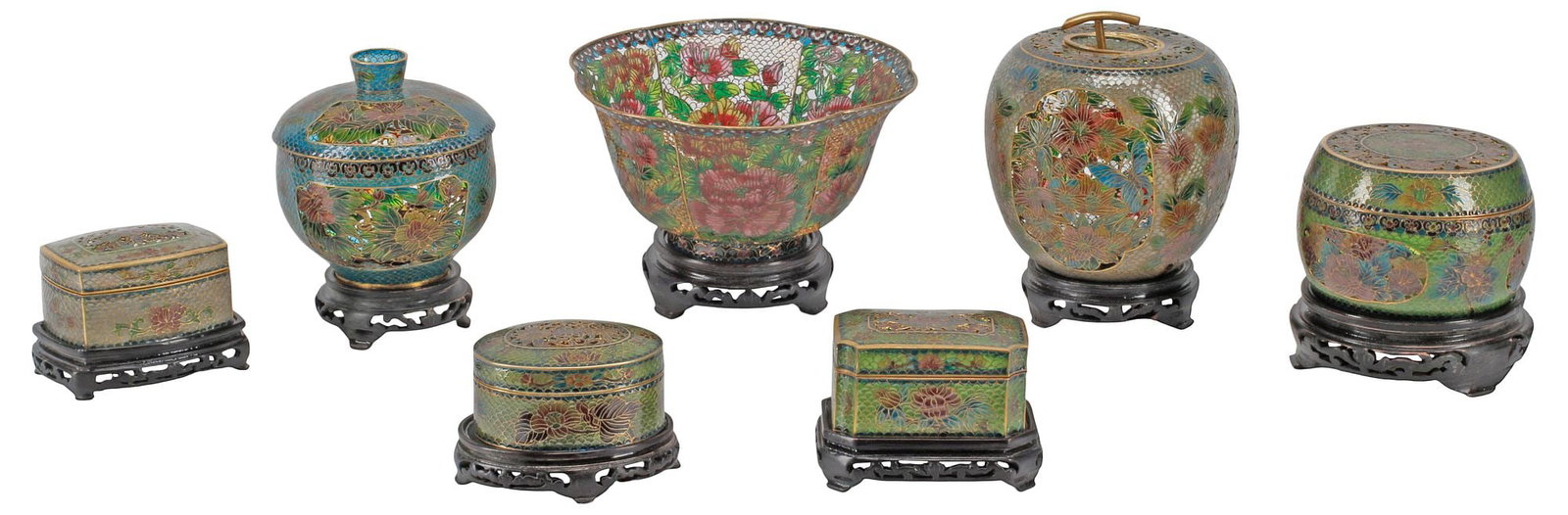 (7) CHINESE PLIQUE-A-JOUR ENAMELED TABLE ARTICLES ON WOOD STANDS (1 of 5)