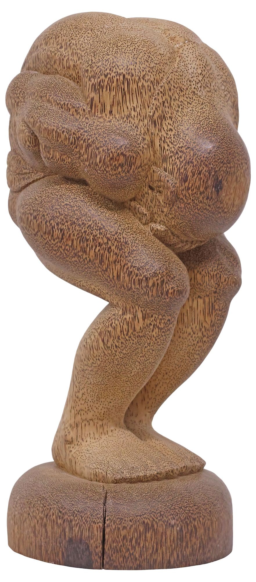 LARGE BALINESE CARVED PALM WOOD FIGURAL SCULPTURE, WEEPING BUDDHA, 25.5"H: Large Balinese folk art carved palm wood figural sculpture, Weeping Buddha, depicting the warrior Buddha after renunciation of violence upon unknowingly killing his masked son in battle, marked underf
