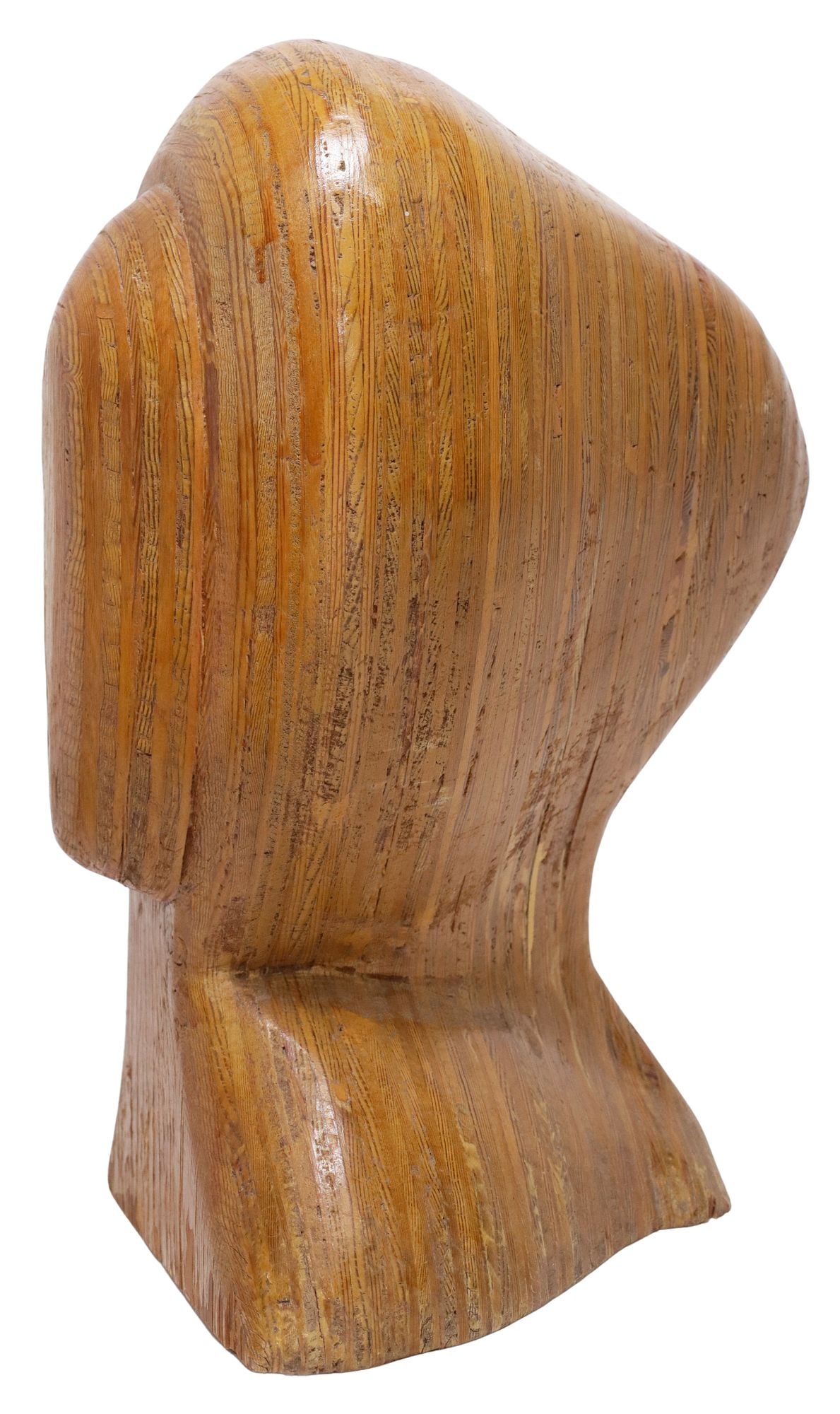 CONTEMPORARY CARVED PLYWOOD ABSTRACT SCULPTURE, HOODED BUST: Contemporary carved plywood abstract sculpture, Hooded Bust, apparently unsigned, approx 18.5"h, 10.75"w, 10"d, 17.25lbs **Provenance: Treasures from the vaults of a Dallas designer**