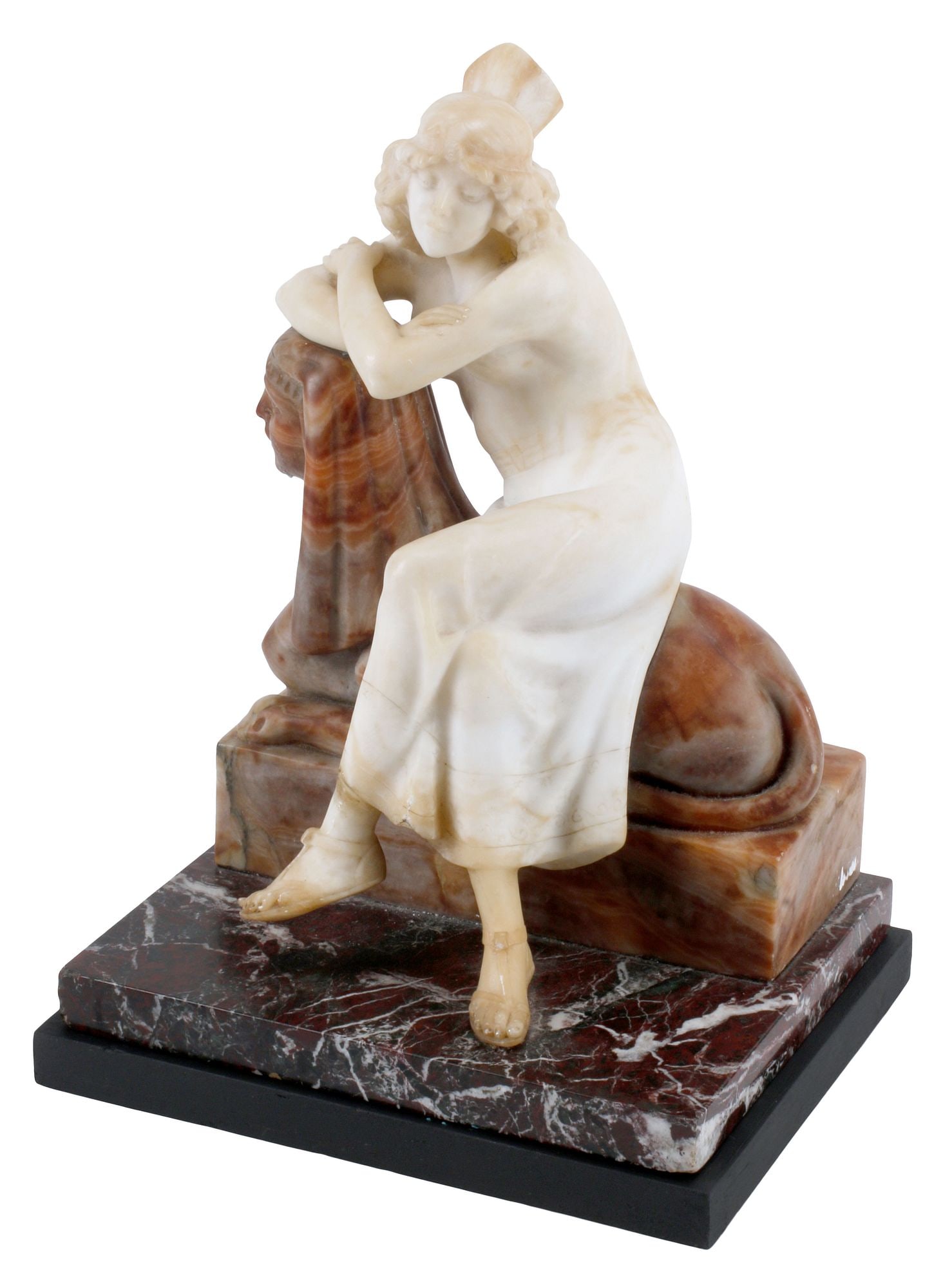 EGYPTIAN REVIVAL CARVED ALABASTER & STONE SCULPTURE, WOMAN ON SPHINX: Italian carved alabaster and stone sculpture, Seated Woman on Egyptian Sphinx, on integral rectangular platform, approx 12"h, 9.5"w, 7.5"d, 20lbs