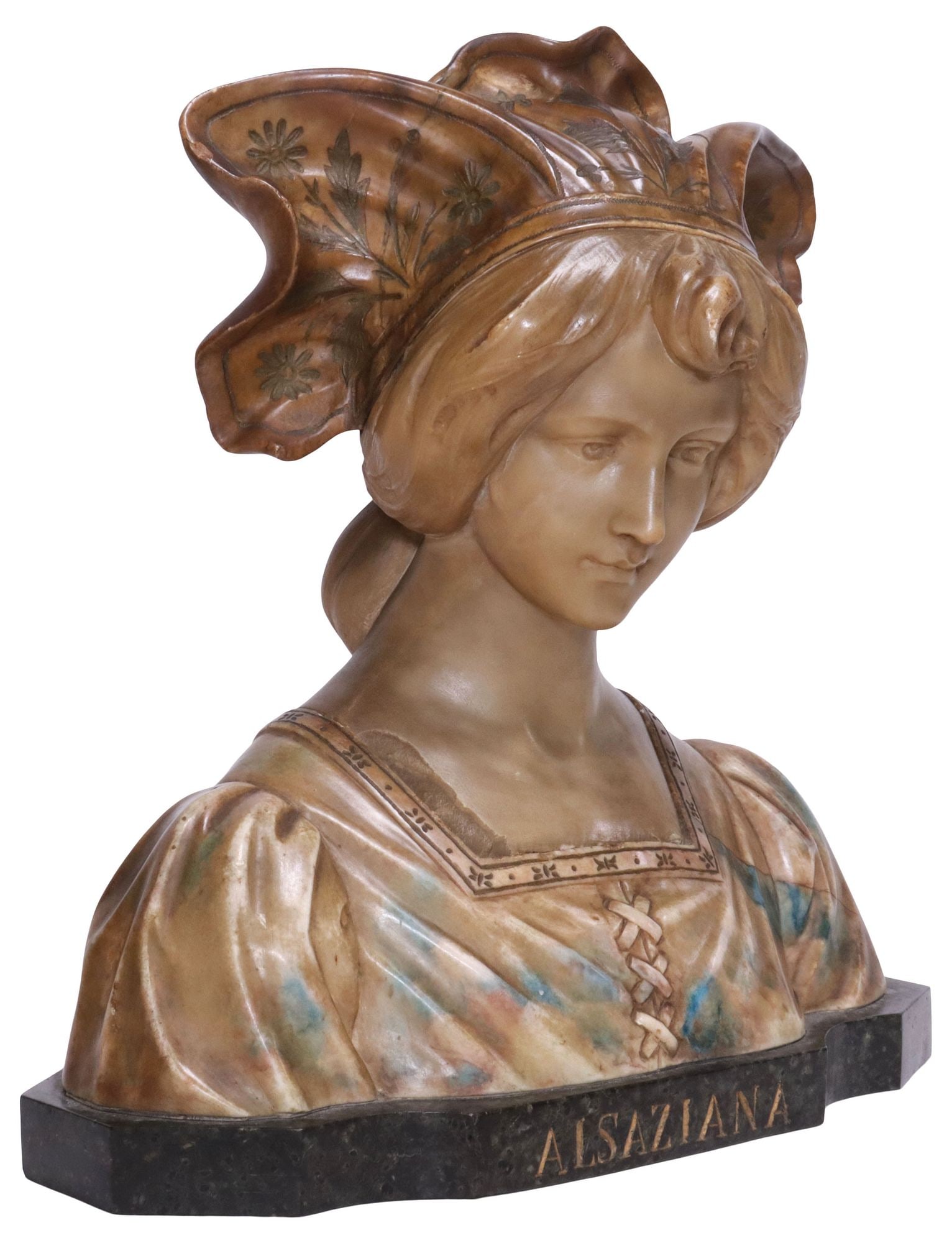 FRENCH ART NOUVEAU CAST SCULPTURE ON MARBLE BASE, BUST OF ALSAZIANA (1 of 7)