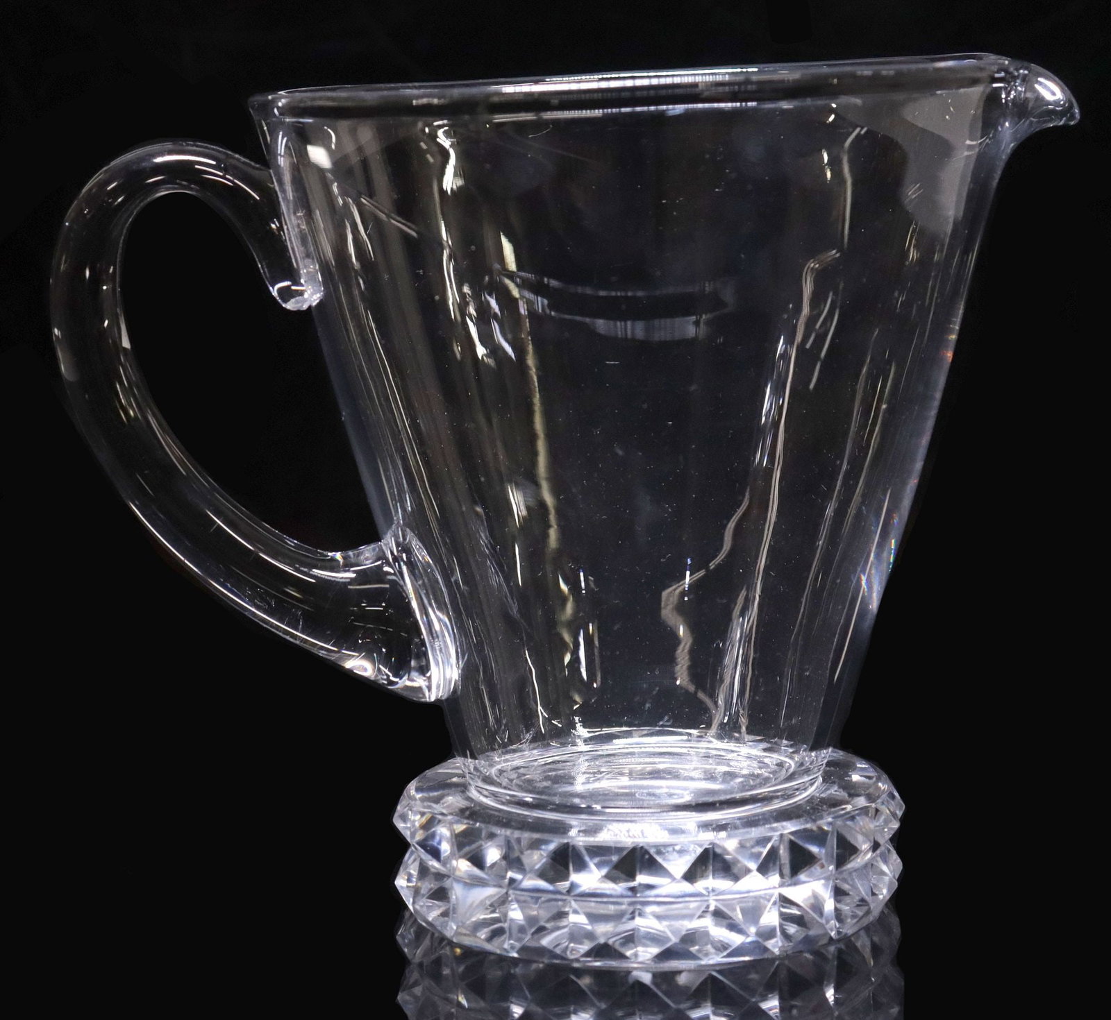 FRENCH ST. LOUIS 'DIAMANT' CRYSTAL PITCHER: French crystal pitcher, Saint Louis, in the "Diamant" pattern, acid-etched maker's mark underfoot, approx 6.5"h, 8"w, 5.75"d, 2.75lbs total