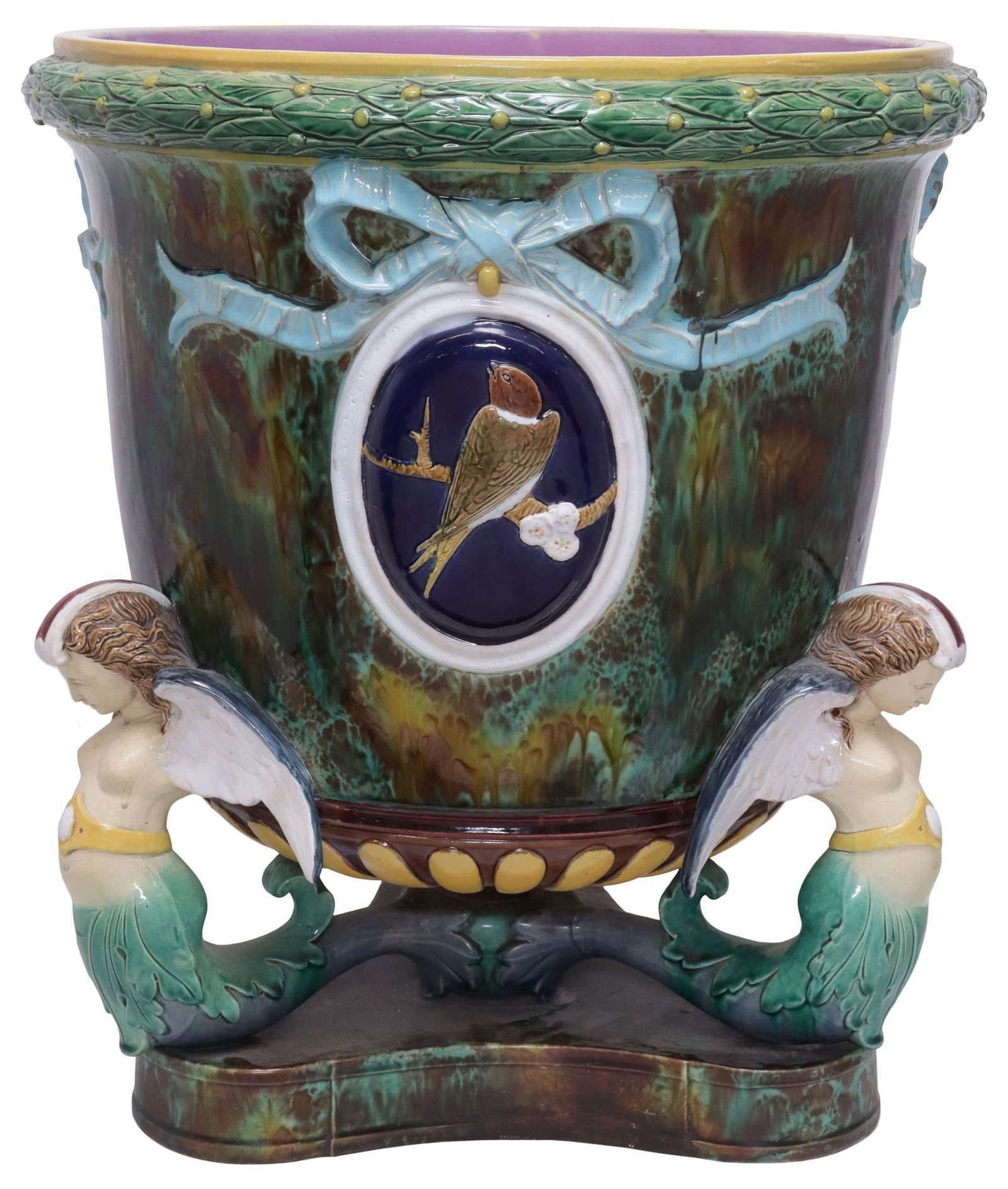 LARGE AFTER HOLDCROFT (D.1904) 'WINGED MAIDENS' MAJOLICA JARDINIERE / PLANTER (1 of 7)