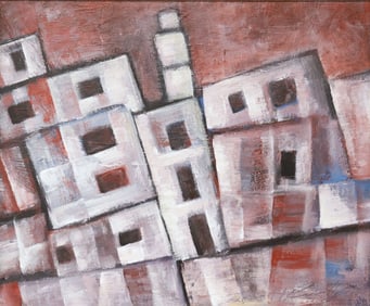 HARRY GUTTMAN (ROMANIAN, 1933-2015) PAINTING, GEOMETRIC CITYSCAPE