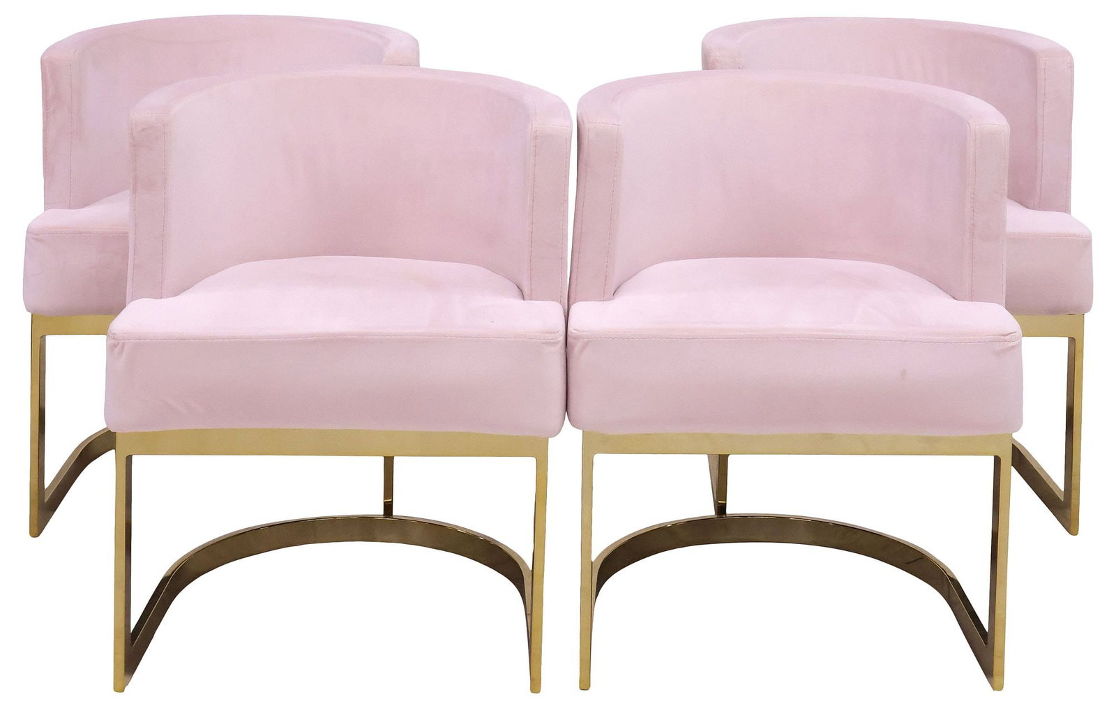 (4) CONTEMPORARY PINK VELVET-UPHOLSTERED BRASS DINING CHAIRS: (lot of 4) Contemporary brass dining chairs, 21st c., curved backs and padded seats in a light pink velvet upholstery, rising on conforming base, approx 29.5"h, 24"w, 23"d, seat height: approx 19.5"h 