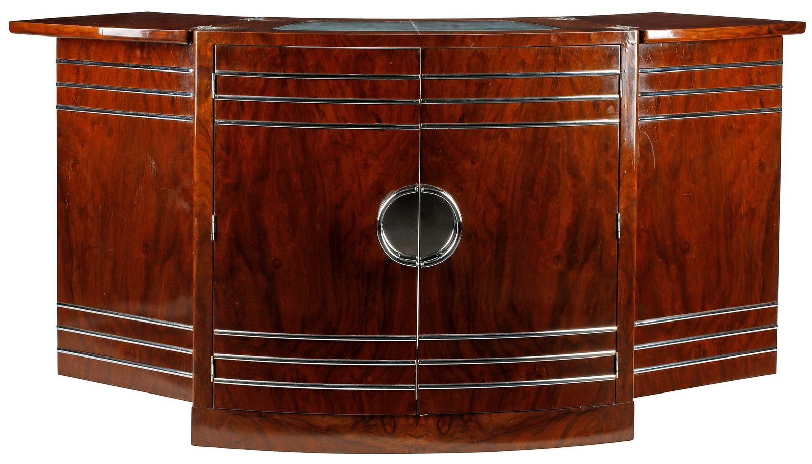 ART DECO STYLE BURLWOOD BAR CABINET: Art Deco style burlwood bar cabinet, top having hinged panel at either side, opening to reveal inset glass surface, extended leaves supported by hinged side panels, frontal dual cabinet doors with chr
