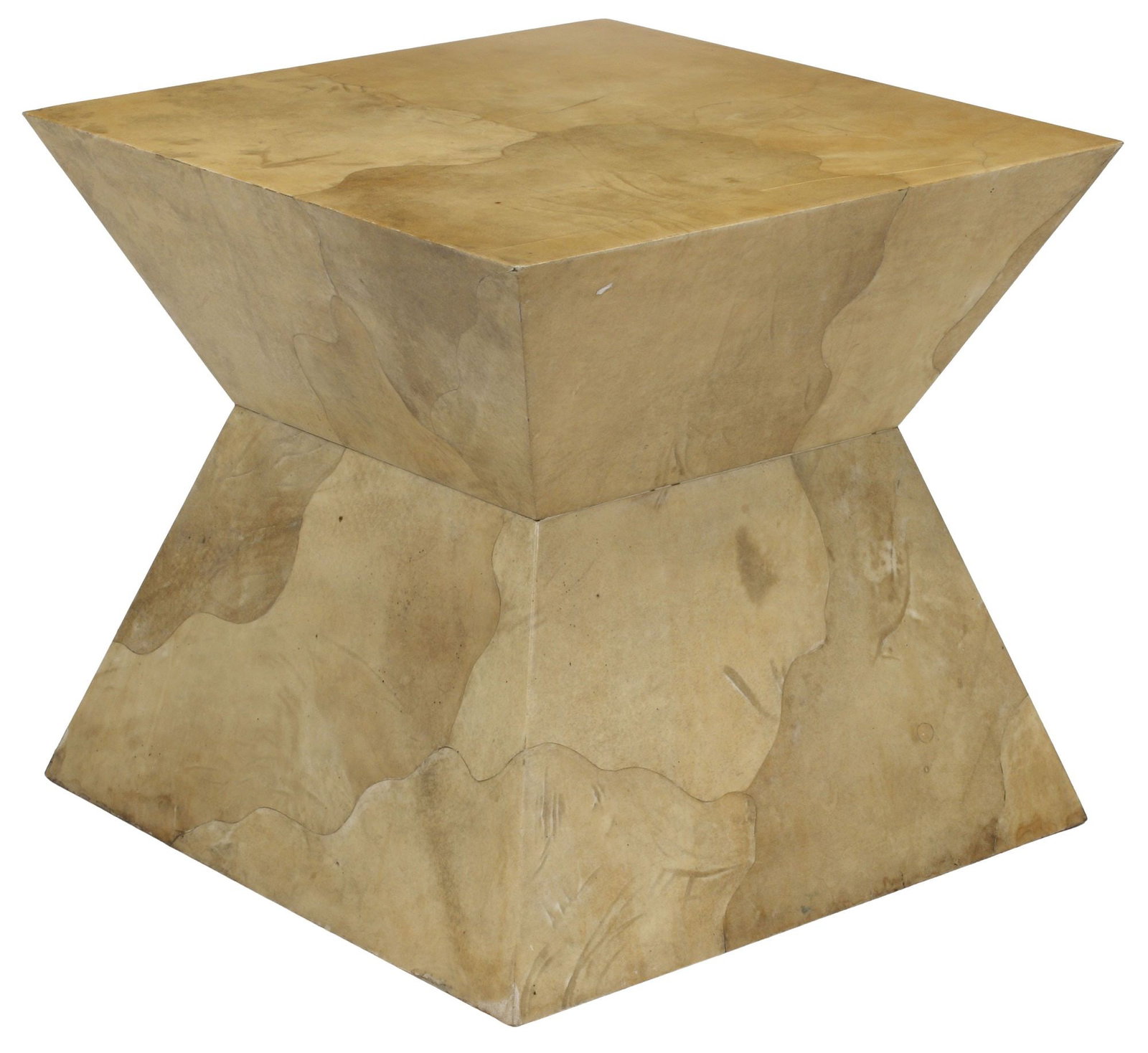 ART MODERNE KARL SPRINGER STYLE LACQUERED GOATSKIN SIDE TABLE: Art Moderne lacquered side table, in the manner of Karl Springer (German, 1931-1991), sculpture waisted square body laid with goatskin, approx 24"h, 26"w, 26"d