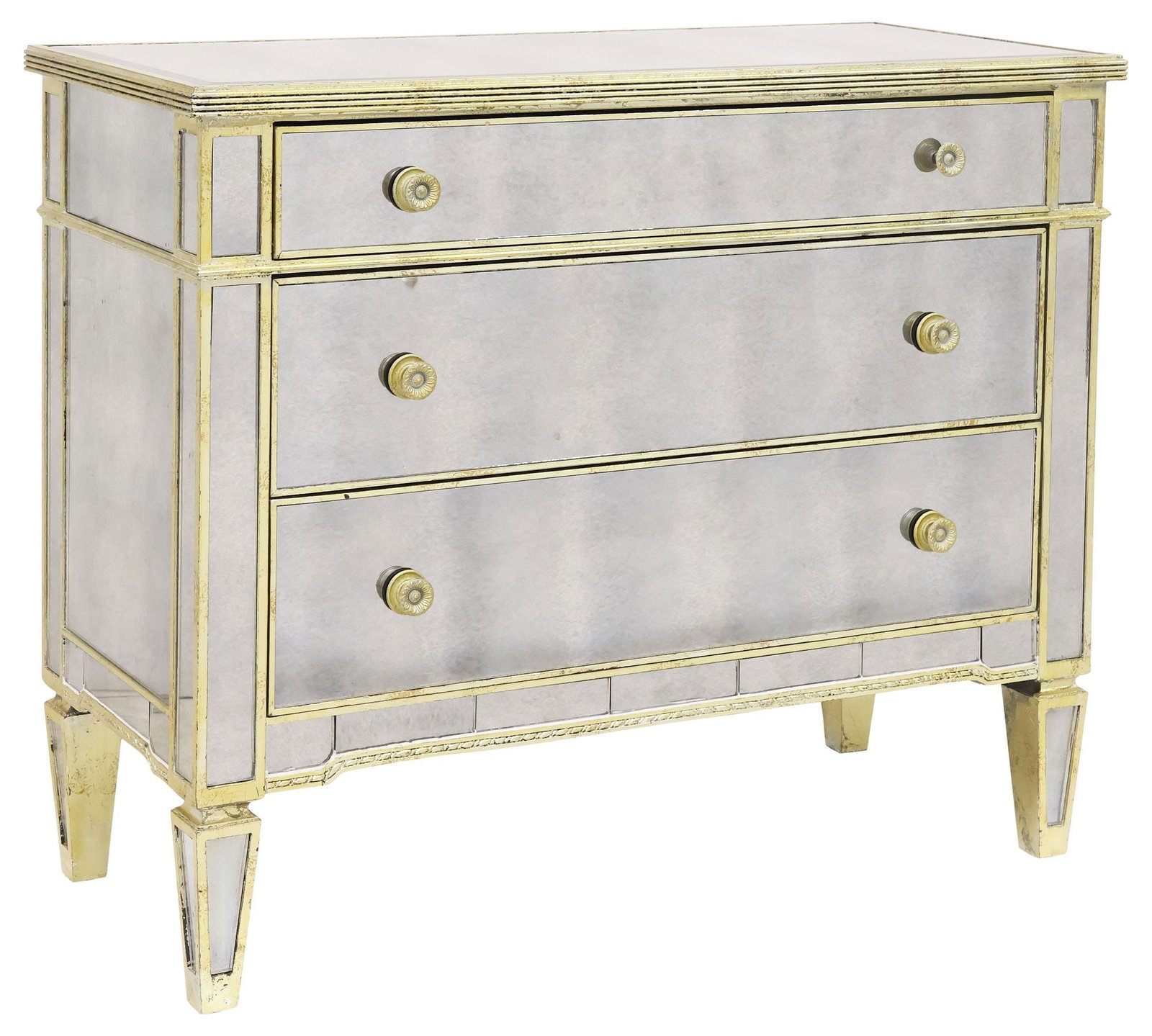 Z GALLERIE (ATTRIB.) 'BORGHESE' MIRRORED GLASS- CLAD CHEST OF DRAWERS: Contemporary silver-gilt "Borghese" commode, attributed to Z Gallerie, clad with beveled and flat eglomise mirrored glass plates, top with reeded trim, over three drawers, rising on squared tapering l