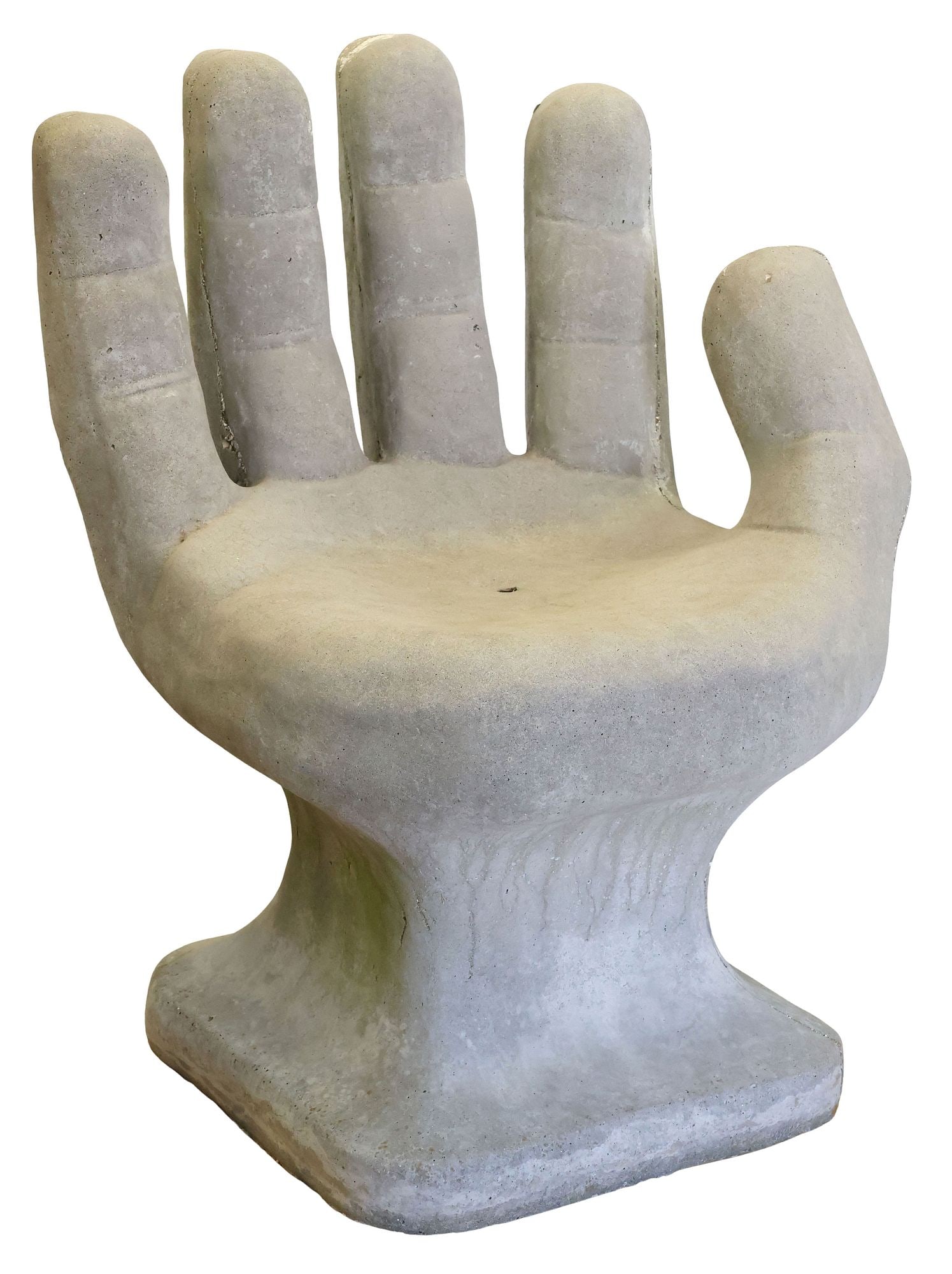 CONTEMPORARY CAST CONCRETE OUTDOOR PATIO HAND CHAIR: Contemporary cast concrete outdoor garden chair, in the form of a hand, on pedestal base, approx 34.5"h, 30"w, 23.5"d, seat height: approx 18.5"h **Provenance: The estate of Dr. James M. Gray Jr. and 
