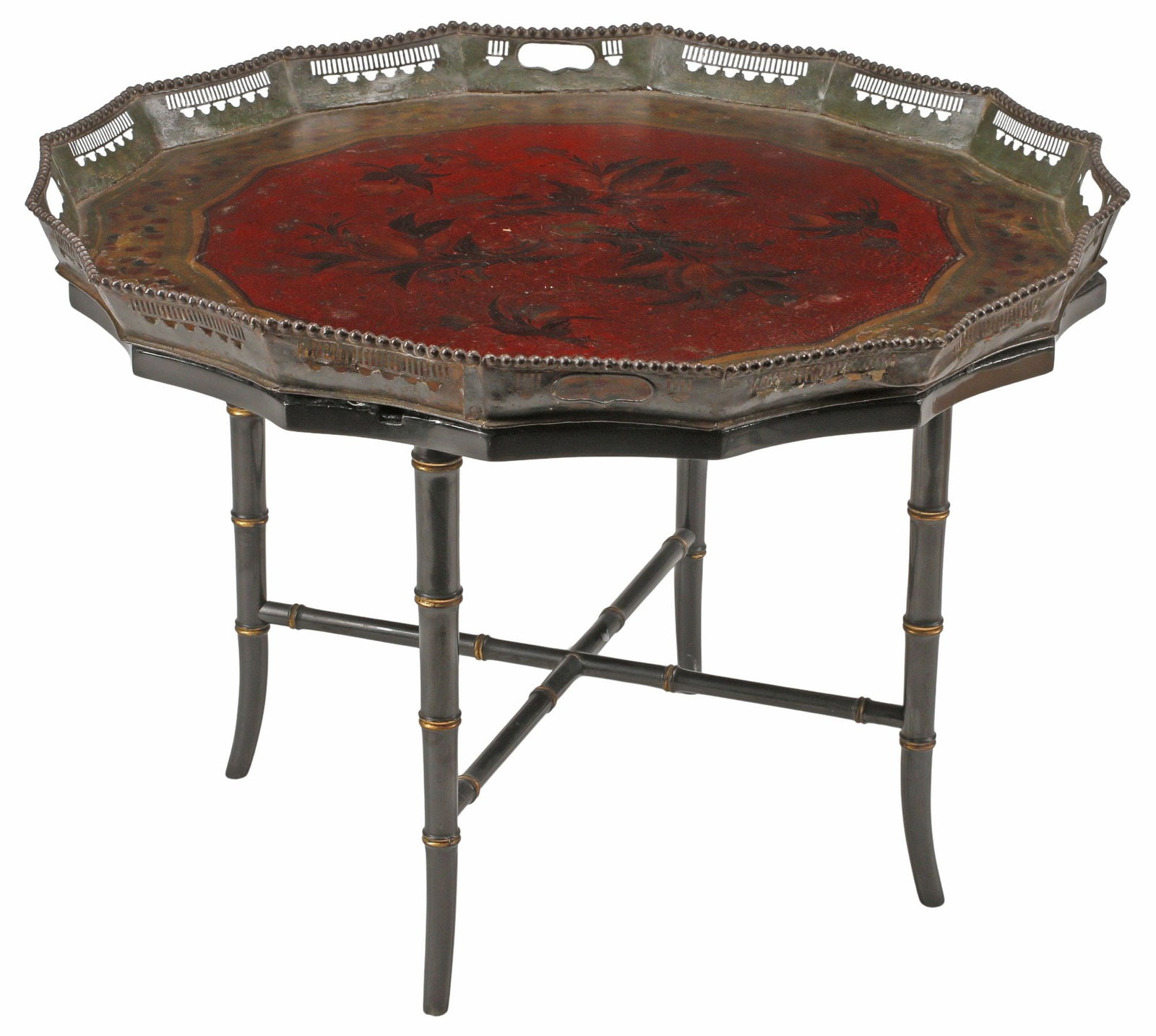 REGENCY STYLE PAINTED TOLE & BLACK LACQUER TRAY-TOP COFFEE TABLE (1 of 5)
