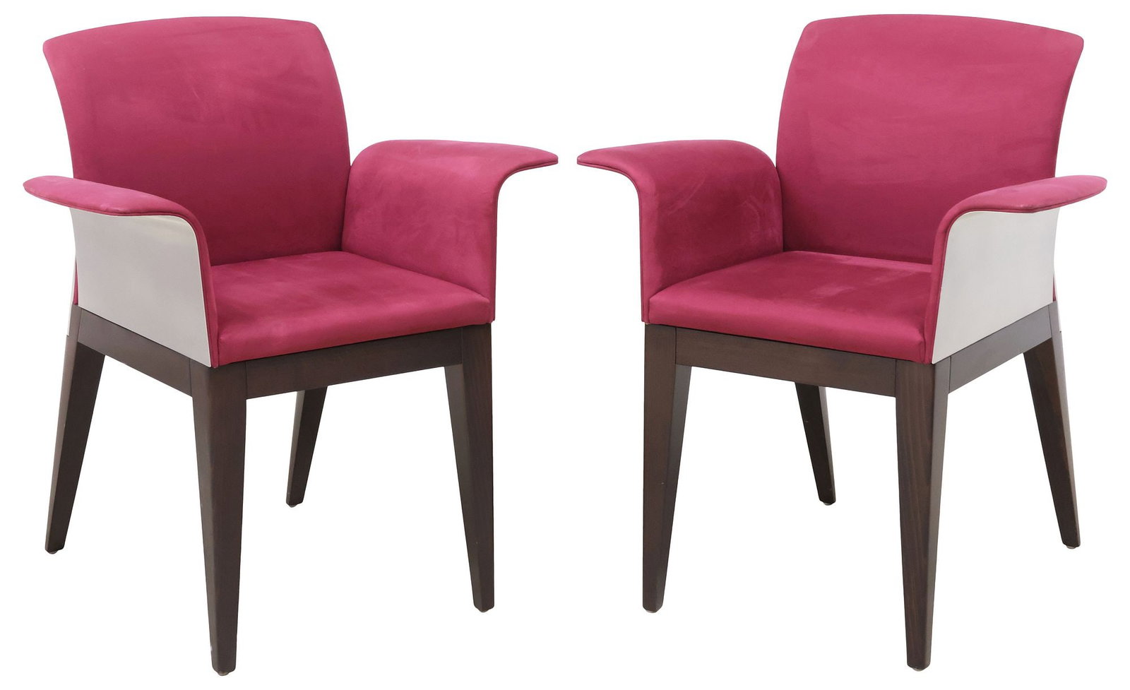 (2) PININFARINA FOR REFLEX ANGELO 'SIT' UPHOLSTERED ALUMINUM DINING CHAIRS: (pair) Contemporary Italian designer "Sit" armchairs, designed by Pininfarina for Reflex Angelo, 21st c., in a magenta fabric upholstery, exterior of flared arms and back with aluminum siding, rising 