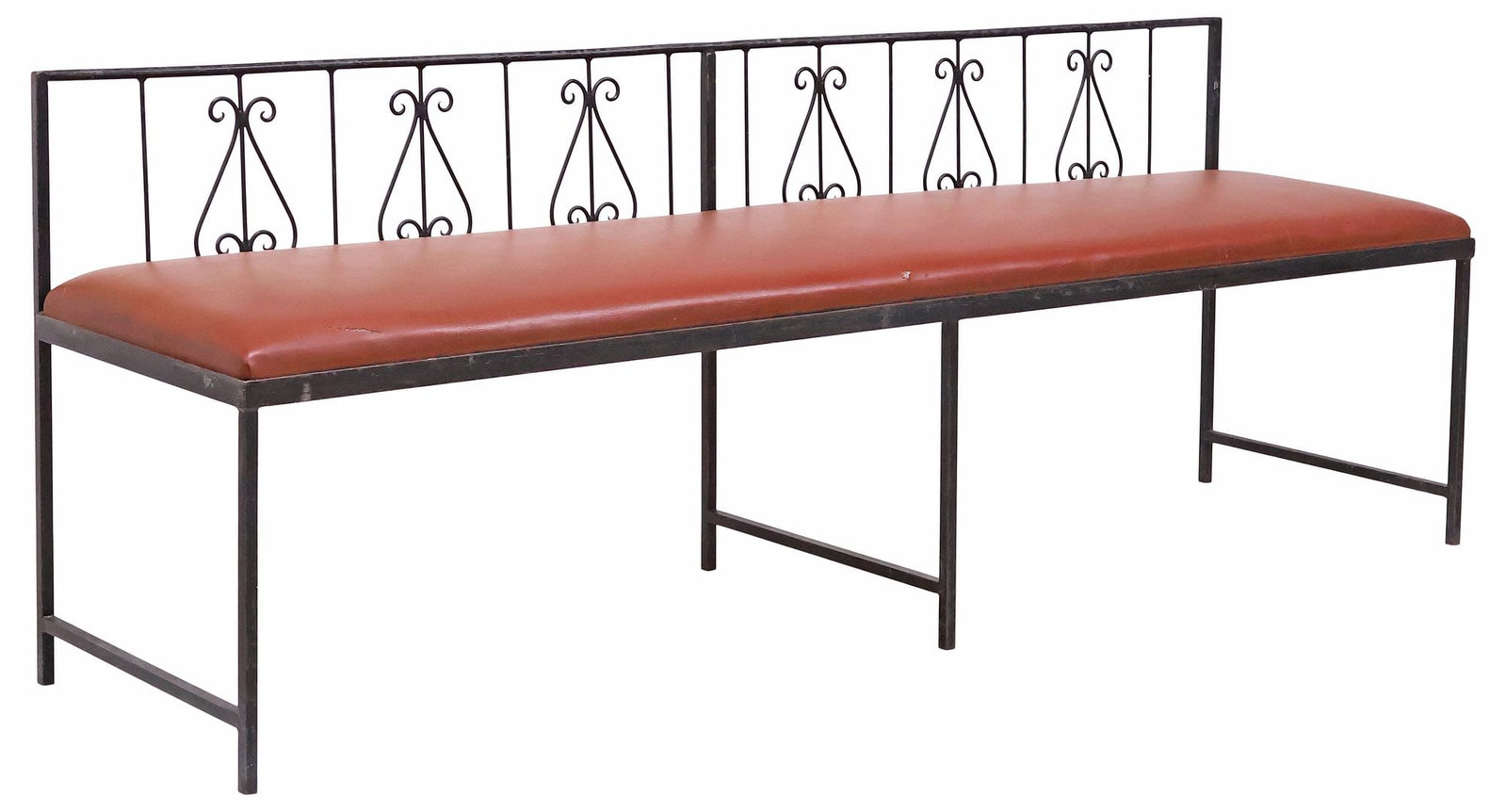 MANNER OF GIACOMETTI UPHOLSTERED WROUGHT IRON GARDEN BENCH: Italian wrought iron patio bench, 20th c., in the manner of Alberto (1901-1966) and Diego Giacometti (Swiss, 1902-1985), openwork seatback with dual S-scrolls, over removable seat cushion with worn vi