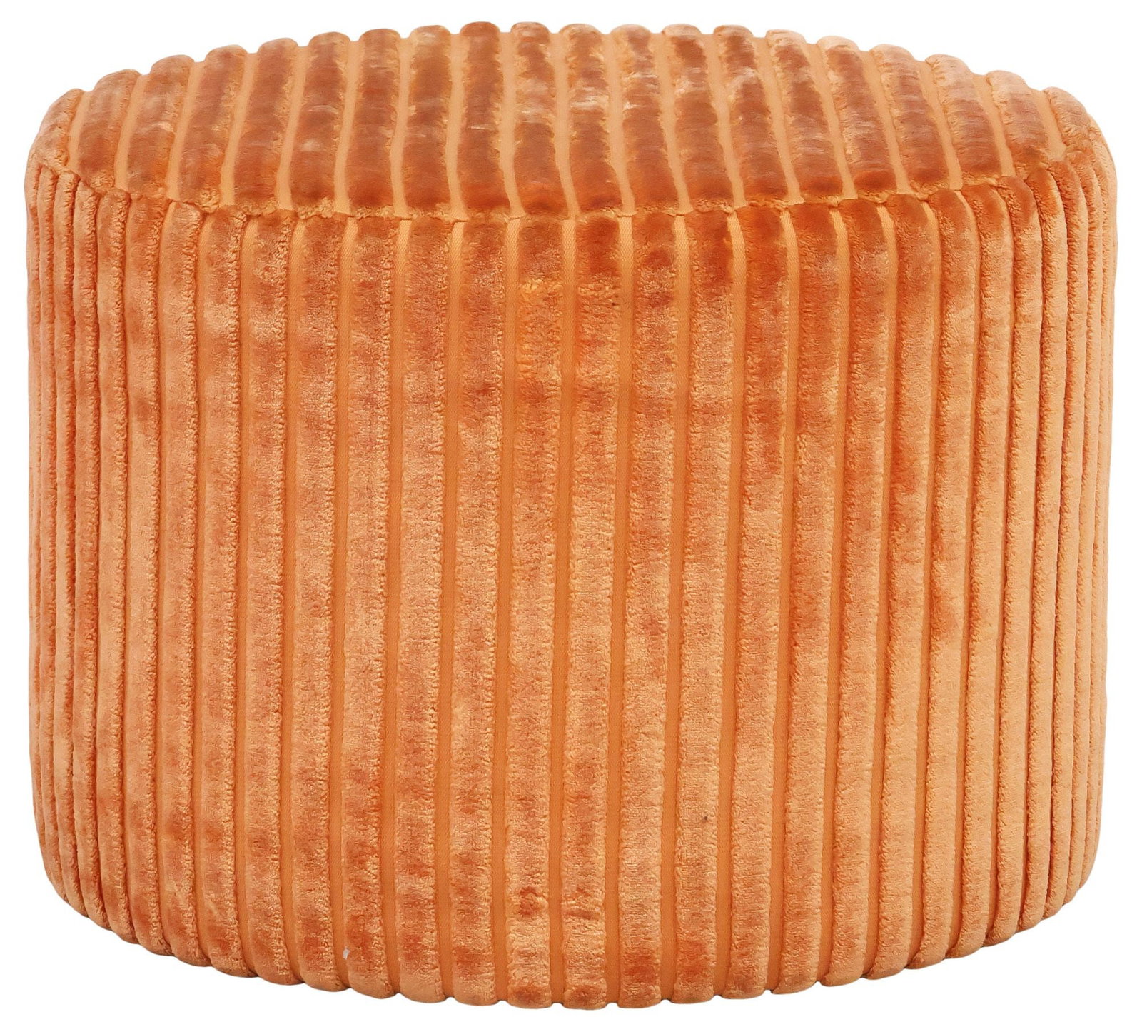 MISSONI HOME ORANGE VELVET CORDUROY UPHOLSTERED POUF / OTTOMAN: Contemporary upholstered pouf/ ottoman, Missoni Home, 21st c., cylindrical cushion in solid orange macro-ribbed corduroy velvet upholstery, maker's tag to base, approx 12"h, 16.25"diam **Provenance: T