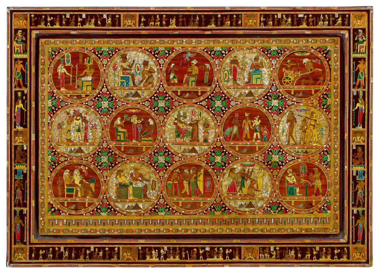LARGE EGYPTIAN REVIVAL INLAID & PAINTED WALL PANEL, 26" X 36" (1 of 4)