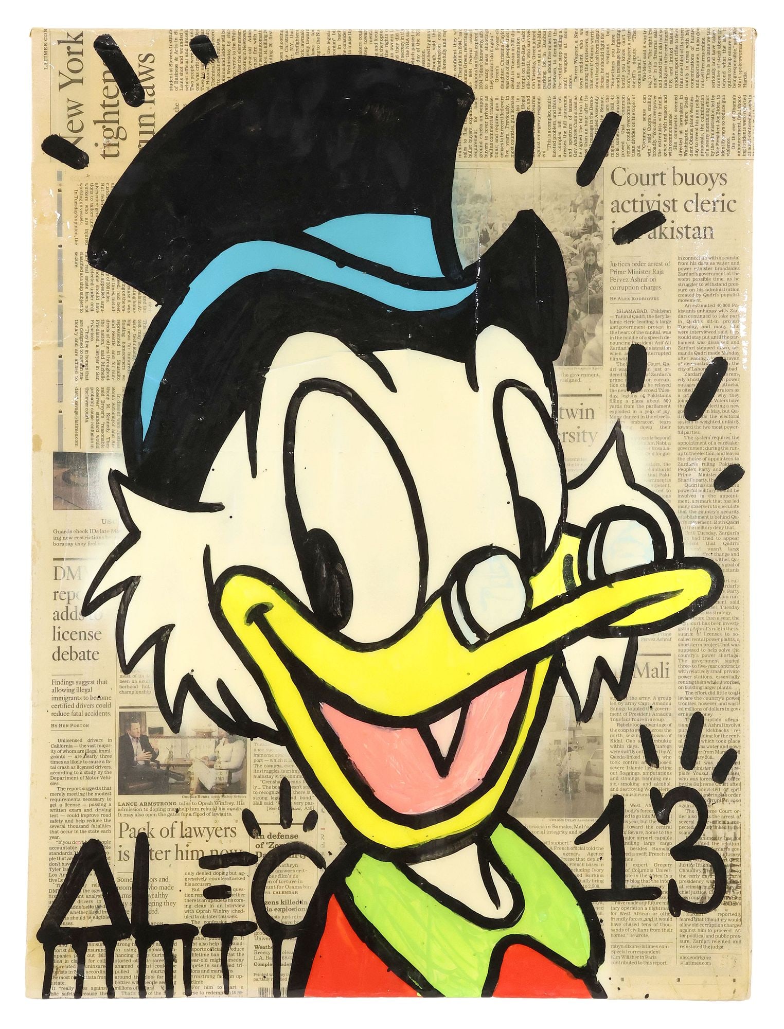 ALEC MONOPOLY (AMERICAN, B.1986) MIXED MEDIA, SCROOGE MCDUCK, 24" X 18": Unframed mixed media with newspaper collage, acrylic, spray paint, and resin on canvas, Scrooge McDuck, signed lower left Alec (Alec Monopoly, American, b.1986), dated [20]13, approx 24"h, 18"w, 2lbs 