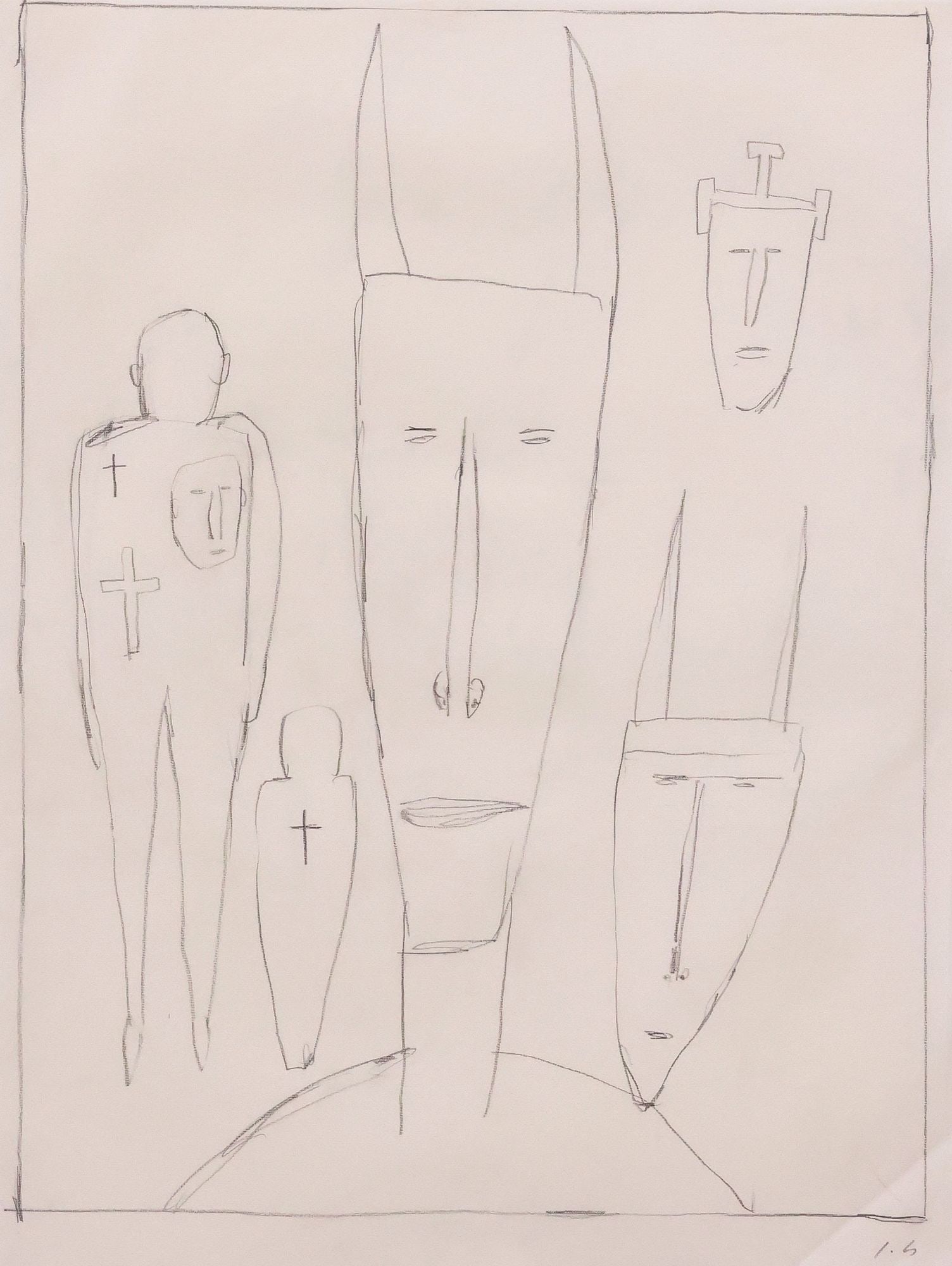 JAMES BROWN (AMERICAN, B.1951) PENCIL DRAWING, HORNED FIGURES & CROSSES: Framed pencil on paper drawing, Horned Figures and Crosses, pencil signed lower right J.B. (James Brown, American, b.1951), not examined out of frame, sight: approx 30.25"h, 24.25"w, overall: approx 3