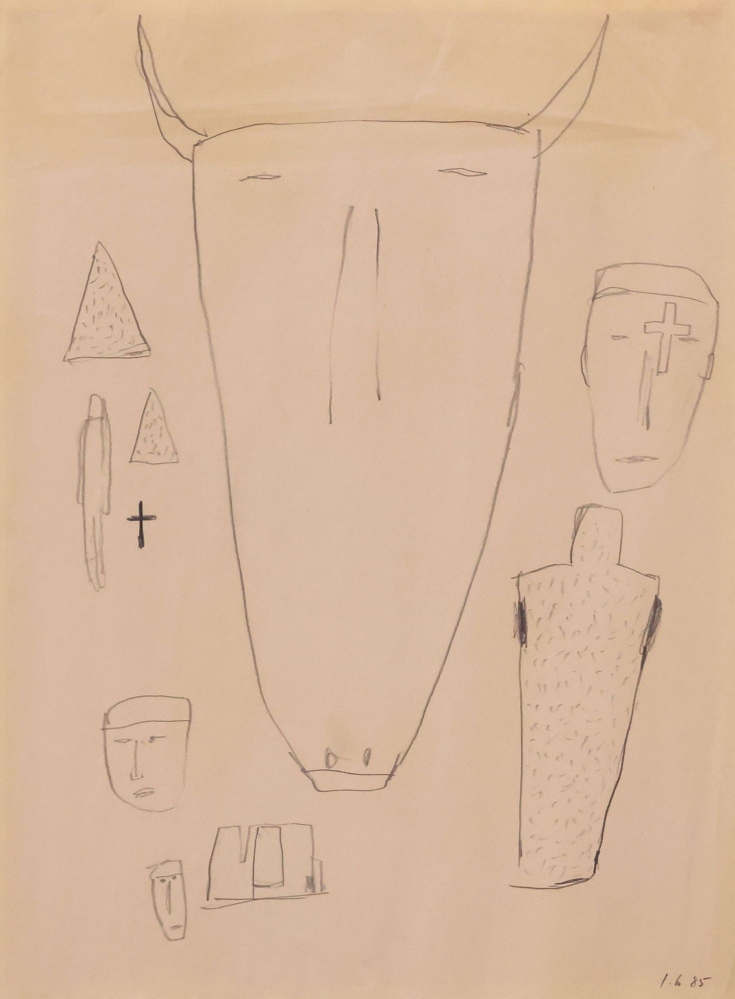 JAMES BROWN (AMERICAN, B.1951) PENCIL DRAWING, HORNED FIGURE: Framed pencil on paper drawing, Horned Figure, pencil signed lower right J.B. (James Brown, American, b.1951), dated [19]85, not examined out of frame, sight: approx 30.25"h, 24.5"w, overall: approx 3