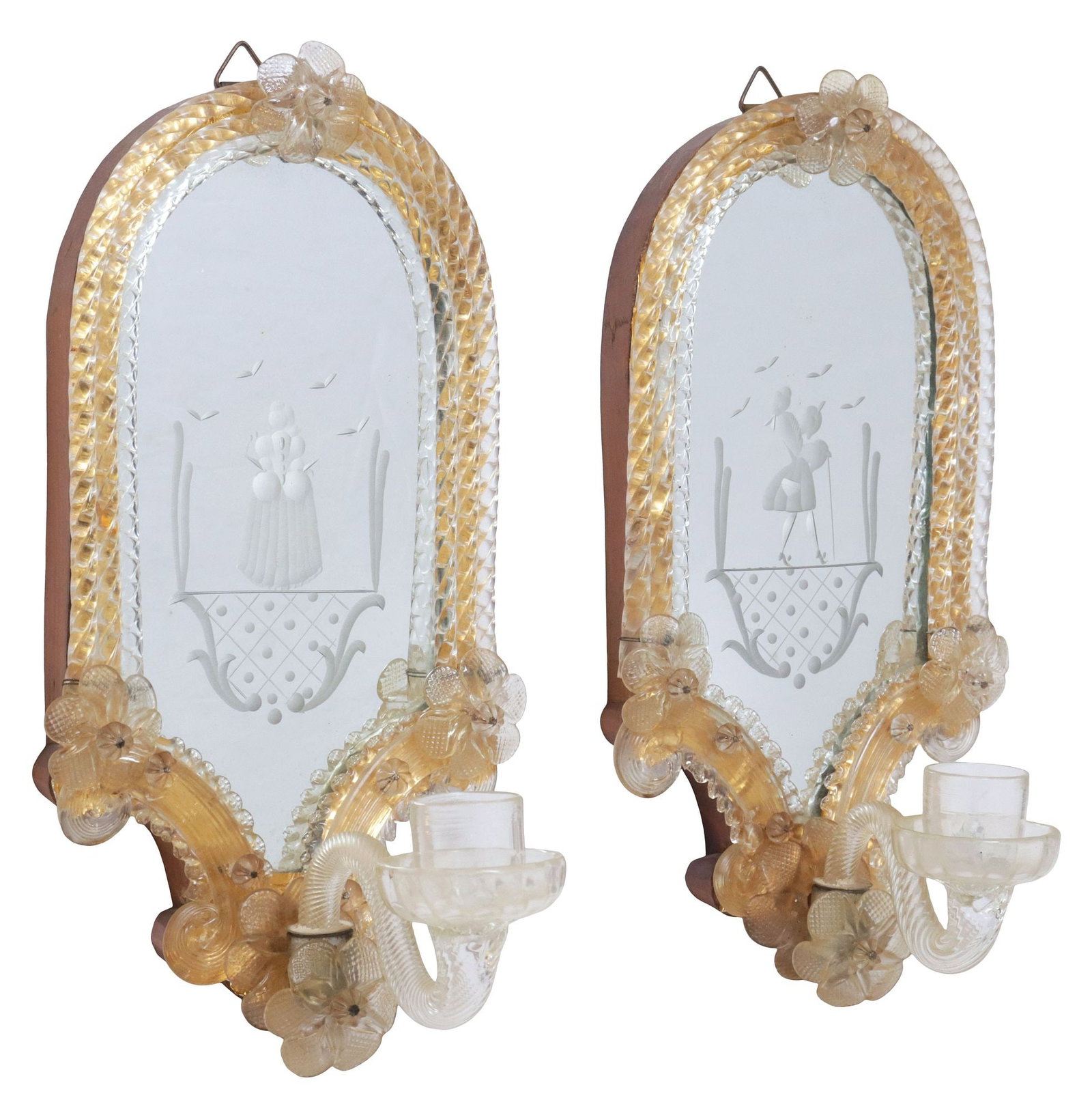 (2) ITALIAN VENETIAN MURANO ETCHED GLASS 1-LIGHT GIRANDOLE MIRRORS: (pair) Italian Venetian Murano art glass single-light girandole mirrors, 20th c., each having floral crest, over arched frame with spiral-twisted glass cladding, issuing scrolled arm terminating on bo