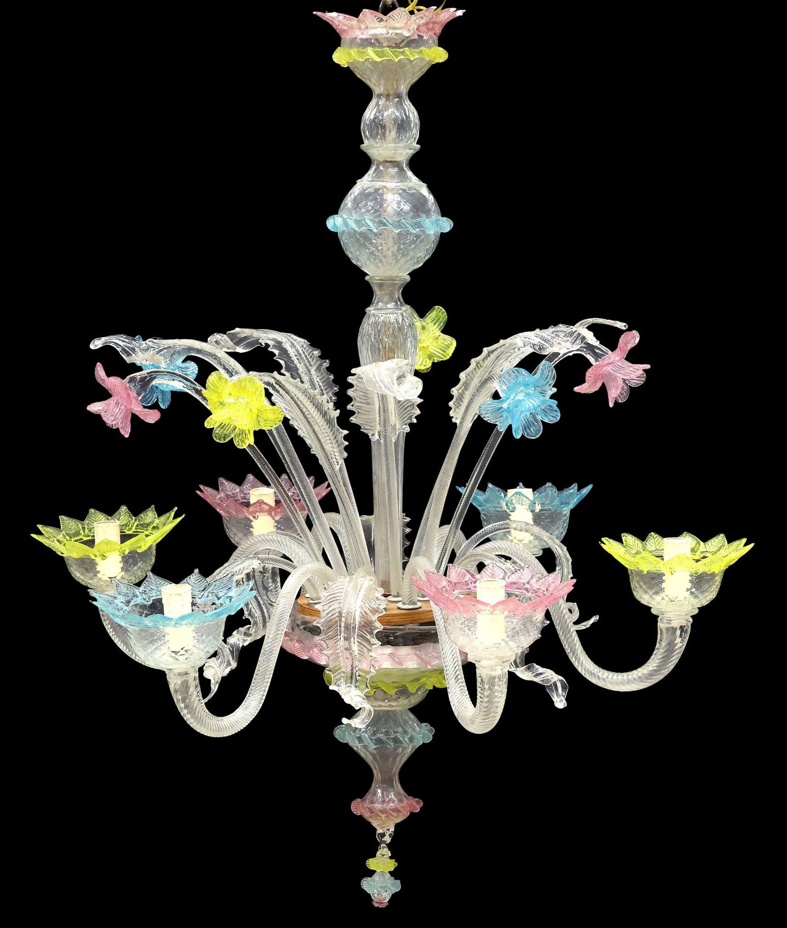 ITALIAN MURANO COLORED MURANO ART GLASS 6-LT CHANDELIER: Italian Murano art glass six-light chandelier, 20th c., colorless glass with translucent pink, blue, and neon yellow accents, turned-form central standard with molded diamond pattern, lower bowl issui