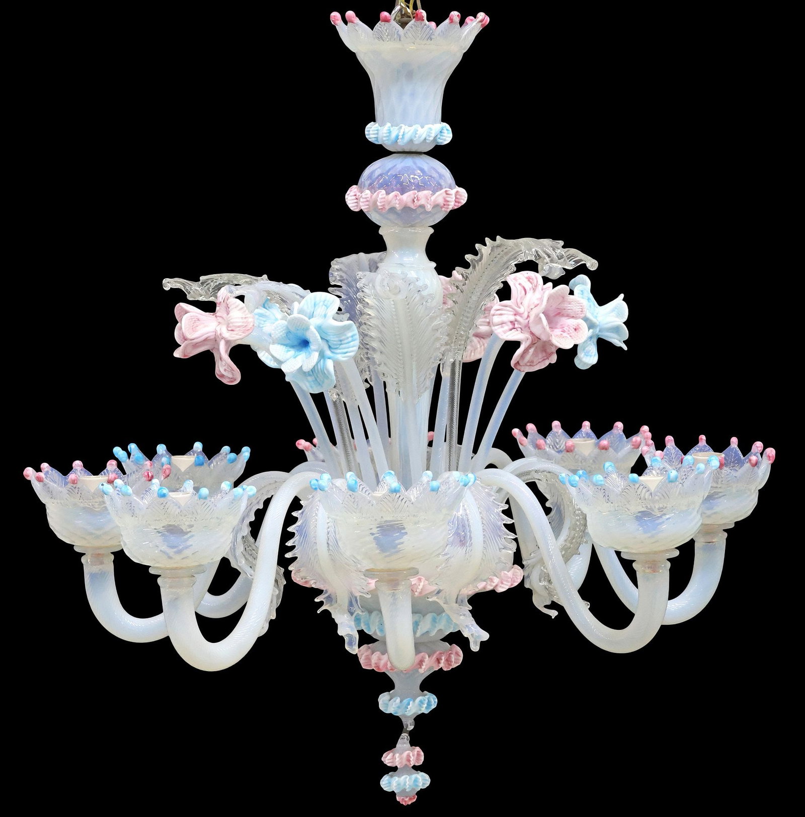 ITALIAN MURANO OPALINE & COLORED ART GLASS 8-LT CHANDELIER: Italian Murano opaline art glass eight-light chandelier, 20th c., turned-form central standard with molded diamond pattern, lower bowl with applied rigaree, issuing stemmed foliates, and mottled pink 