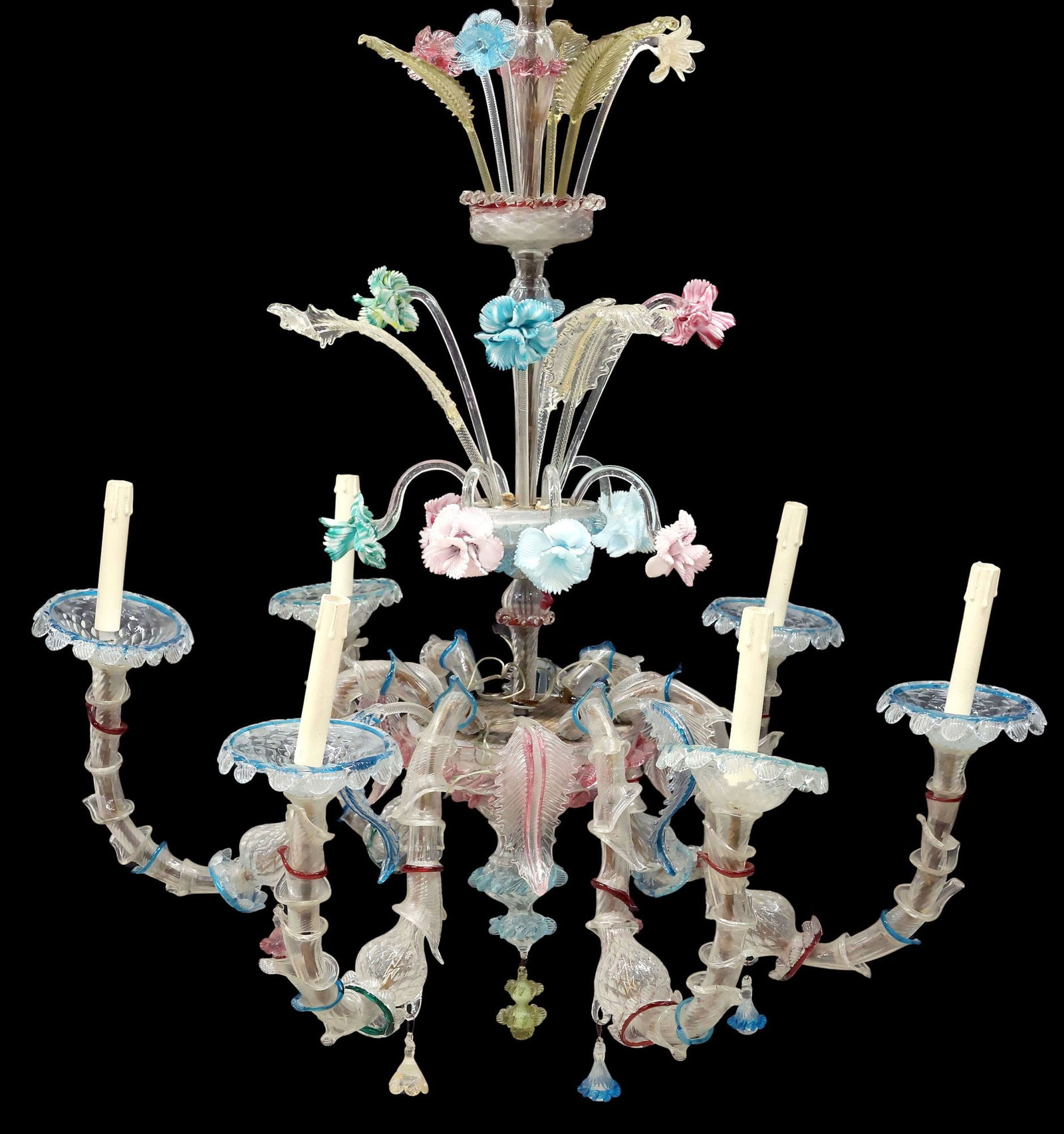ITALIAN MURANO POLYCHROME ART GLASS FLORAL 6-LT CHANDELIER: Italian Murano art glass six-light chandelier, 20th c., colorless glass with pink, green, and blue accents, turned-form central standard encircled by stemmed foliates, and polychrome trumpet flowers, 