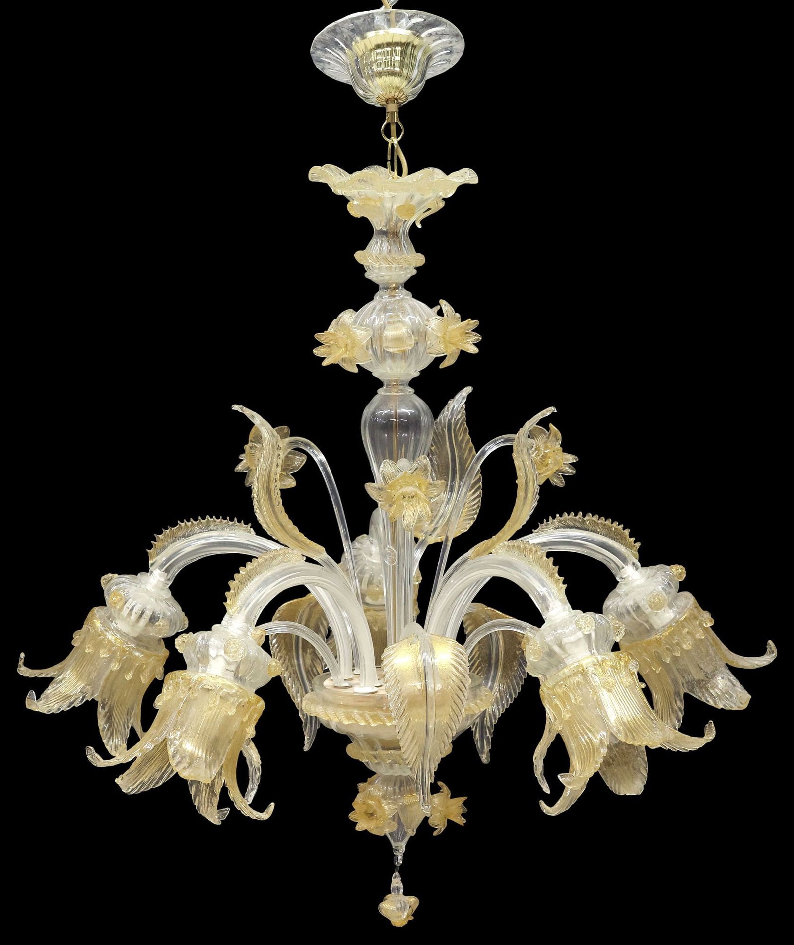 ITALIAN MURANO ART GLASS AVENTURINE 5-LT CHANDELIER, MARKED GB: Italian Murano art glass five-light chandelier, 20th c., with gold aventurine throughout, fluted turned-form central standard, issuing foliates and trumpet flowers, curved arms with applied with appli
