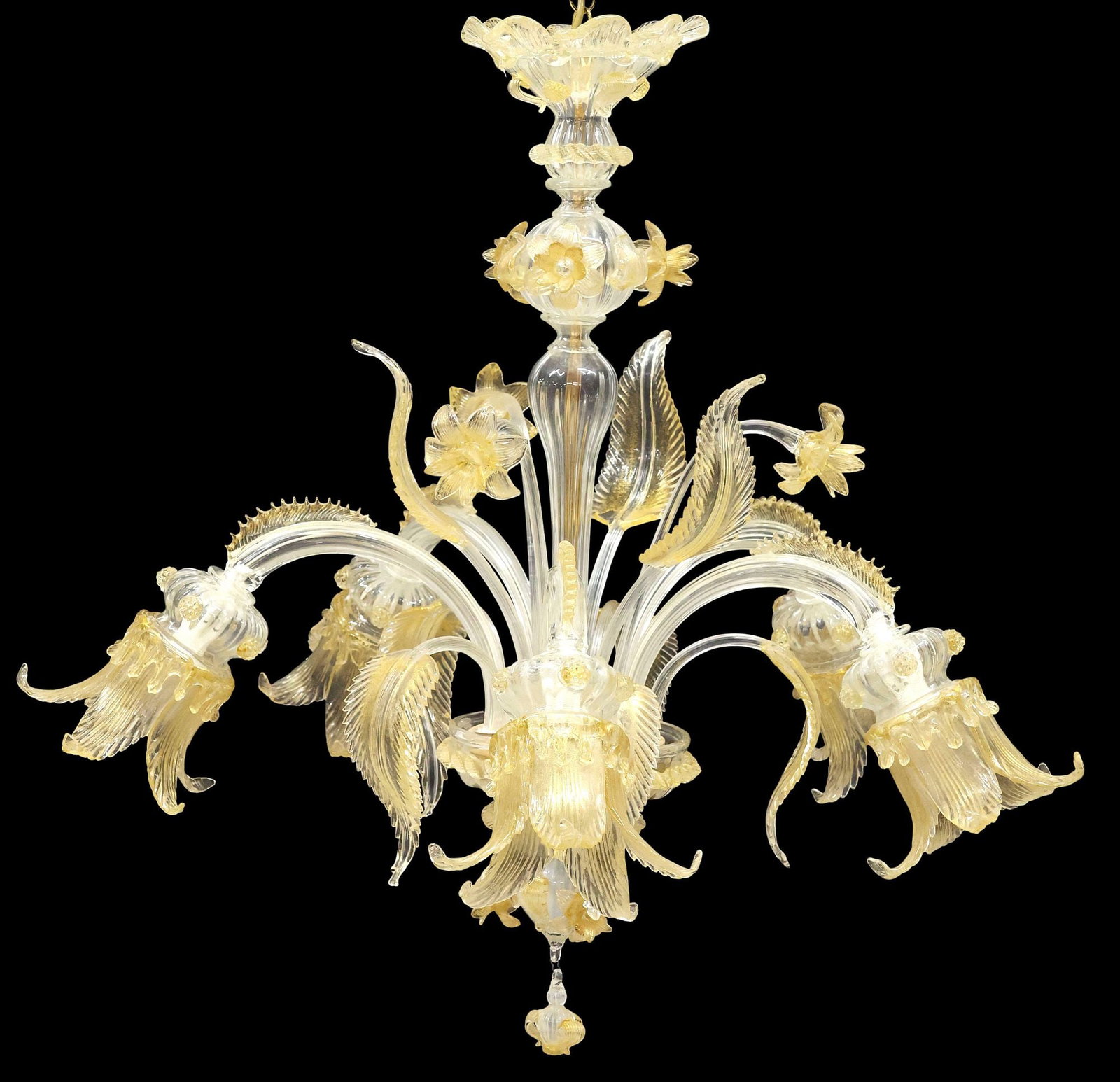ITALIAN MURANO GOLD AVENTURINE ART GLASS 5-LT CHANDELIER: Italian Murano art glass five-light chandelier, 20th c., with gold aventurine throughout, fluted turned-form central standard, issuing foliates and trumpet flowers, curved arms with applied with appli