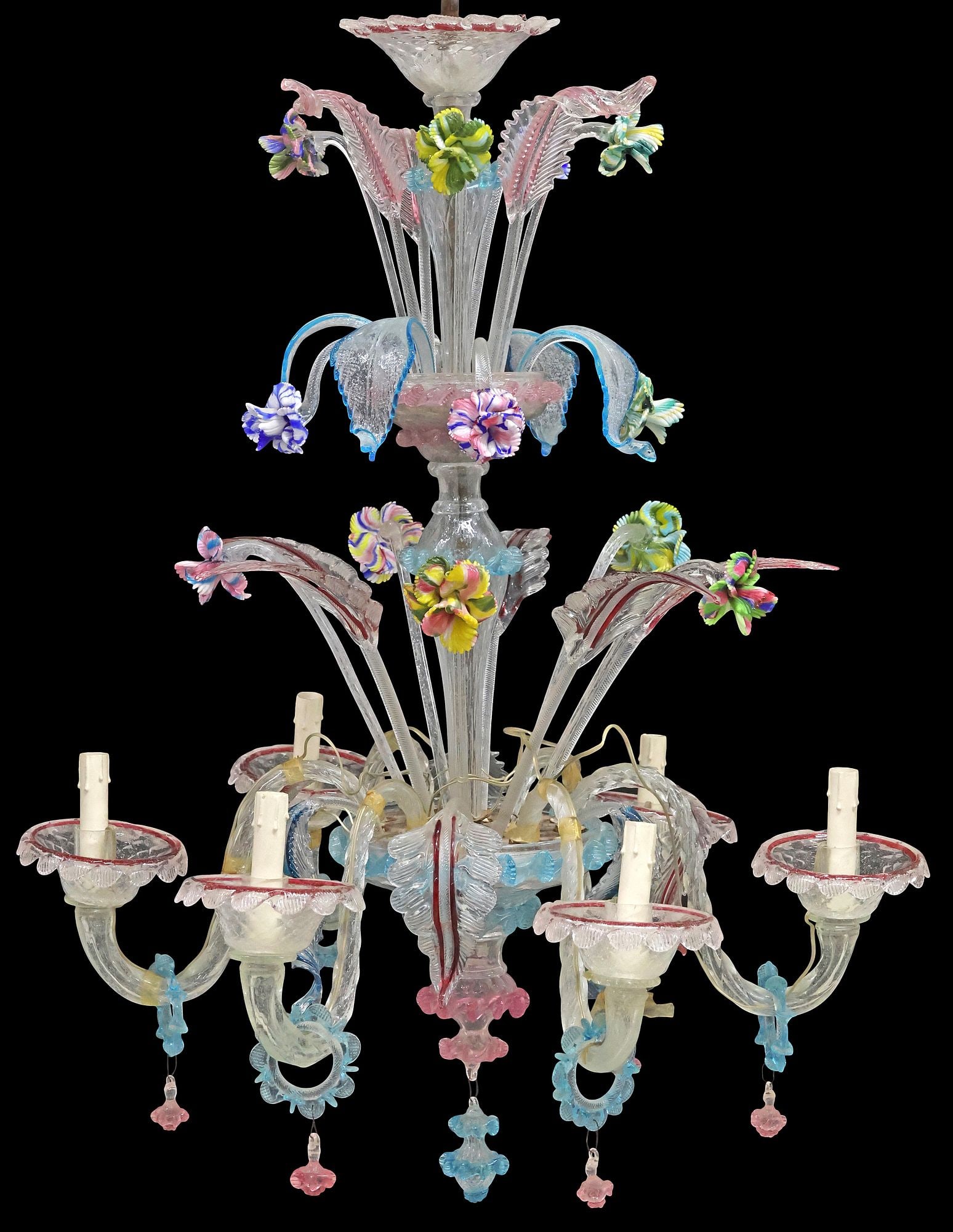 ITALIAN MURANO POLYCHROME ART GLASS FLORAL 6-LT CHANDELIER (1 of 7)