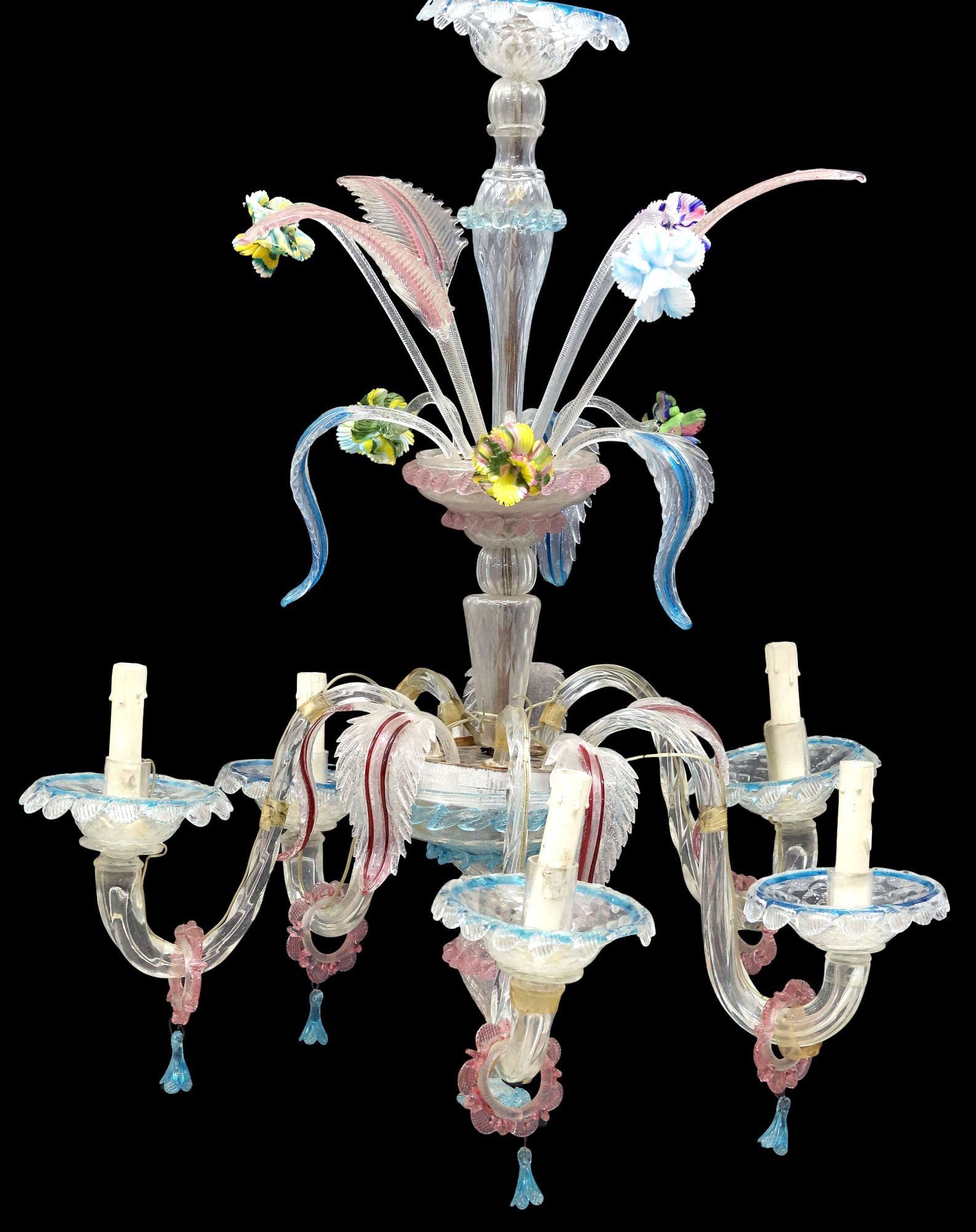 ITALIAN MURANO FLORAL PINK & BLUE ART GLASS 5-LT CHANDELIER (1 of 4)