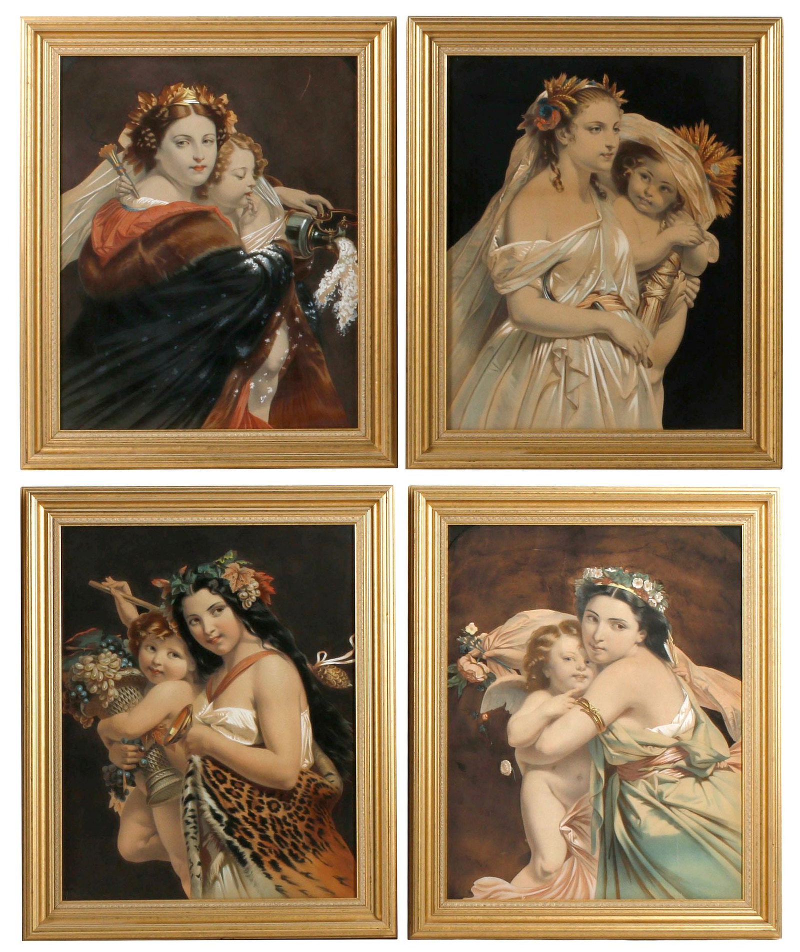 (4) AFTER BERNARD-ROMAIN JULIEN (FRENCH, D.1871) LITHOGRAPHS, FOUR SEASONS: (lot of 4) Framed hand-colored lithographs on paper, The Four Seasons, after Bernard-Romain Julien (French, 1802-1871), after the original drawings by Constant Joseph Brochart (French, 1816-1899), enc