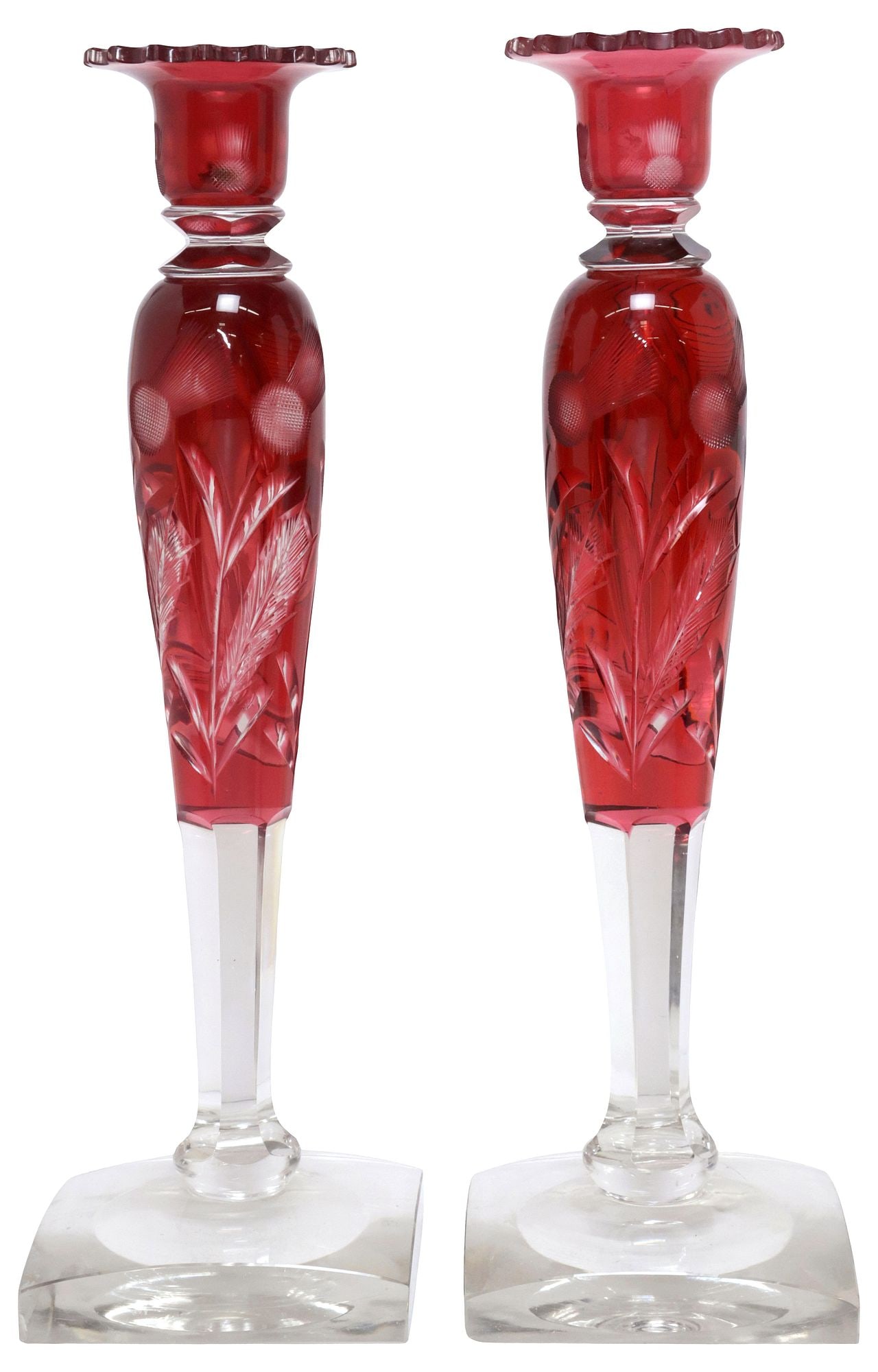 (2) LARGE CARDER ERA STEUBEN CUT-TO-CLEAR CRANBERRY GLASS 'THISTLE' CANDLESTICKS (1 of 6)