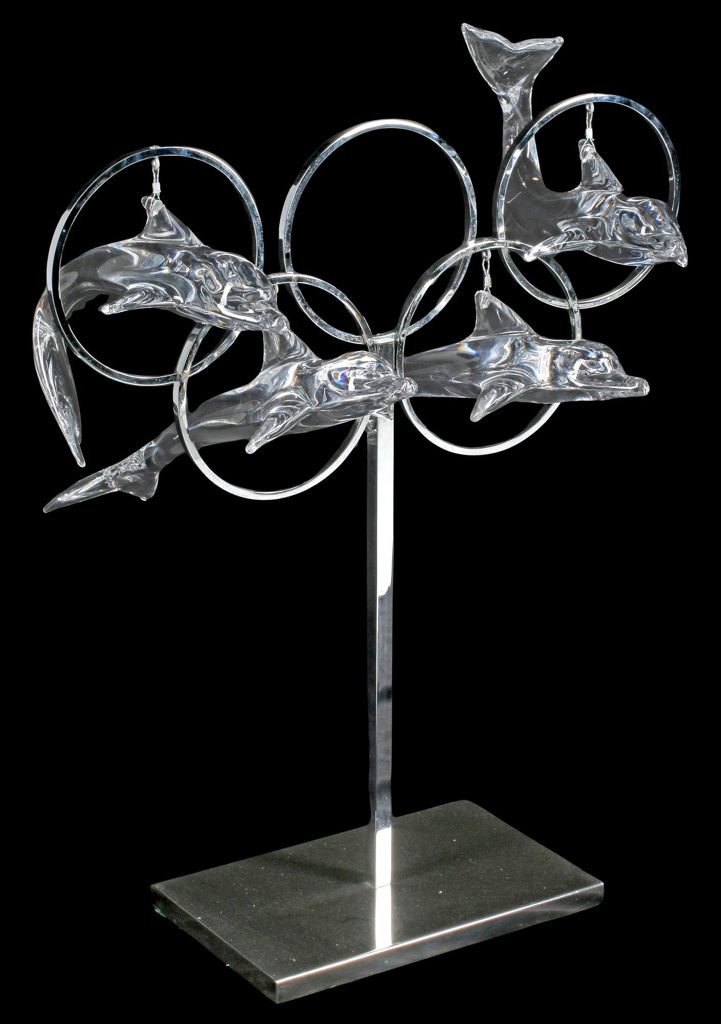 LARGE DAUM ART CRYSTAL & CHROMED SCULPTURE, DOLPHINS IN OLYMPIC RINGS, 34"H (1 of 9)