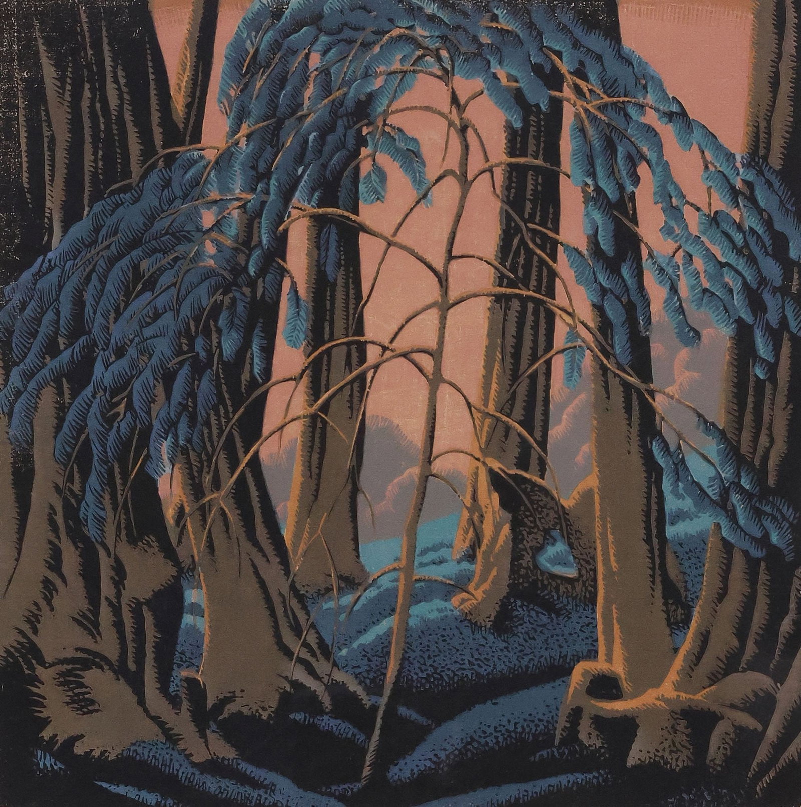 GUSTAVE BAUMANN (1881-1971) COLOR WOODCUT PRINT, 'REDWOOD,' I 14/ 125 (1 of 10)