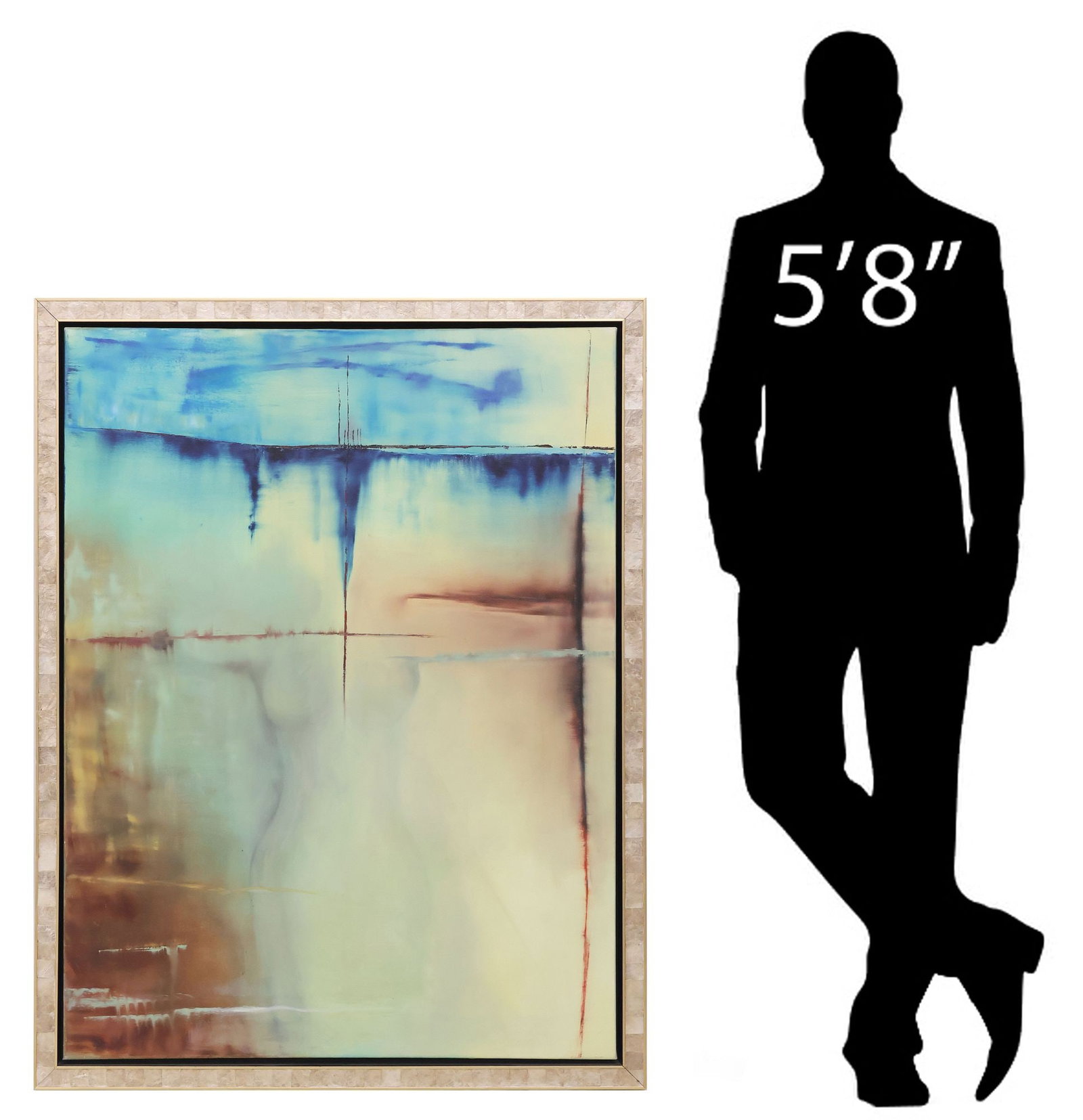 CONTEMPORARY SHELL-FRAMED PAINTING, ABSTRACT COMPOSITION, 48" X 36": Framed oil on canvas painting, Abstract Composition, apparently unsigned, in a custom-made capiz shell frame, sight: approx 48"h, 36"w, overall: approx 51.75"h, 39.75"w, 16.5lbs **Provenance: Dallas, 