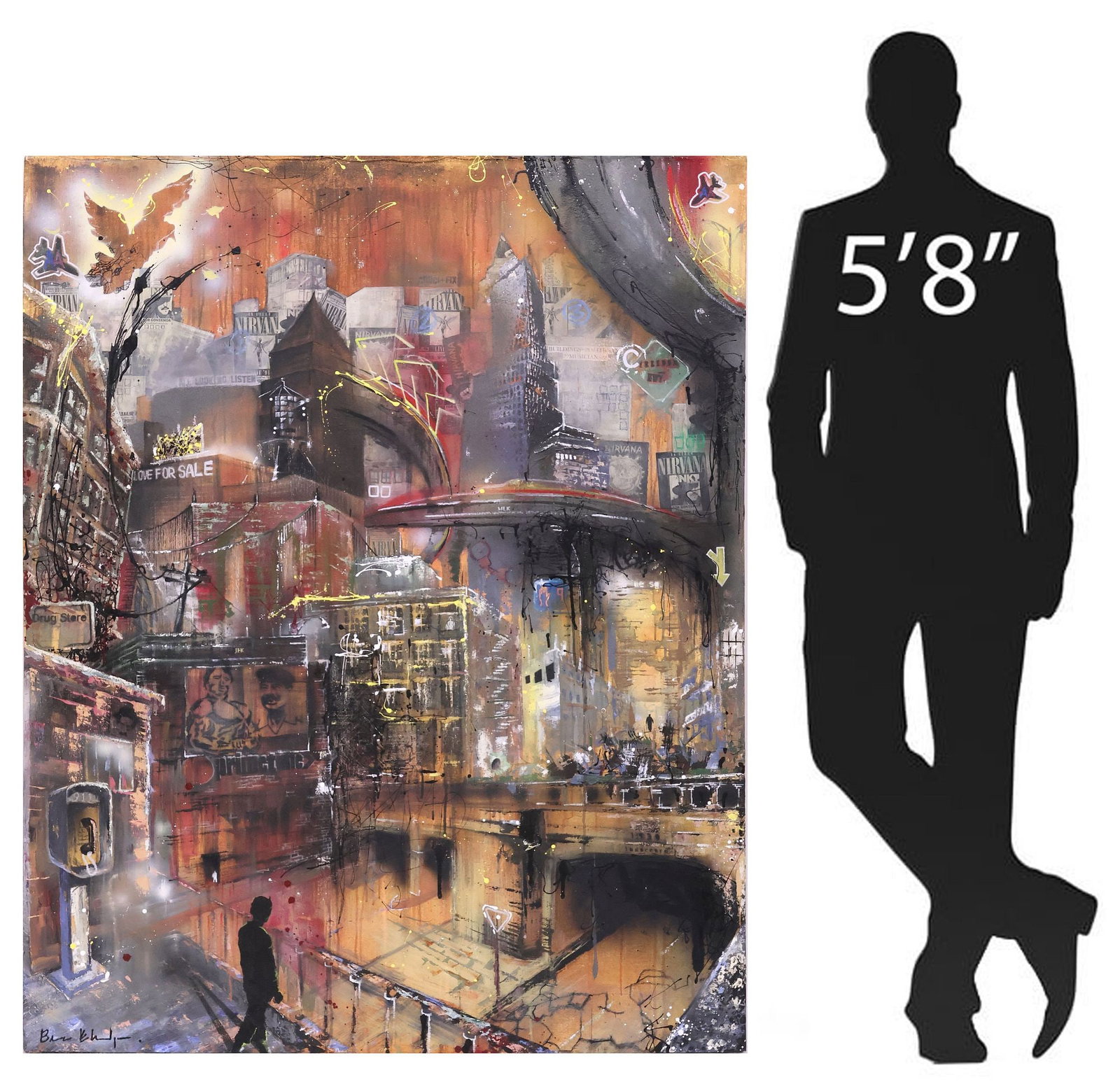 SIGNED MIXED MEDIA COLLAGE ON CANVAS, CITYSCAPE, 60" X 48": Unframed mixed media collage on canvas, Cityscape, signed illegibly lower left, stenciled "BX02.0" verso, approx 60.5"h, 48.5"w, 19lbs **Provenance: Dallas, Texas: When the madness of collecting colli