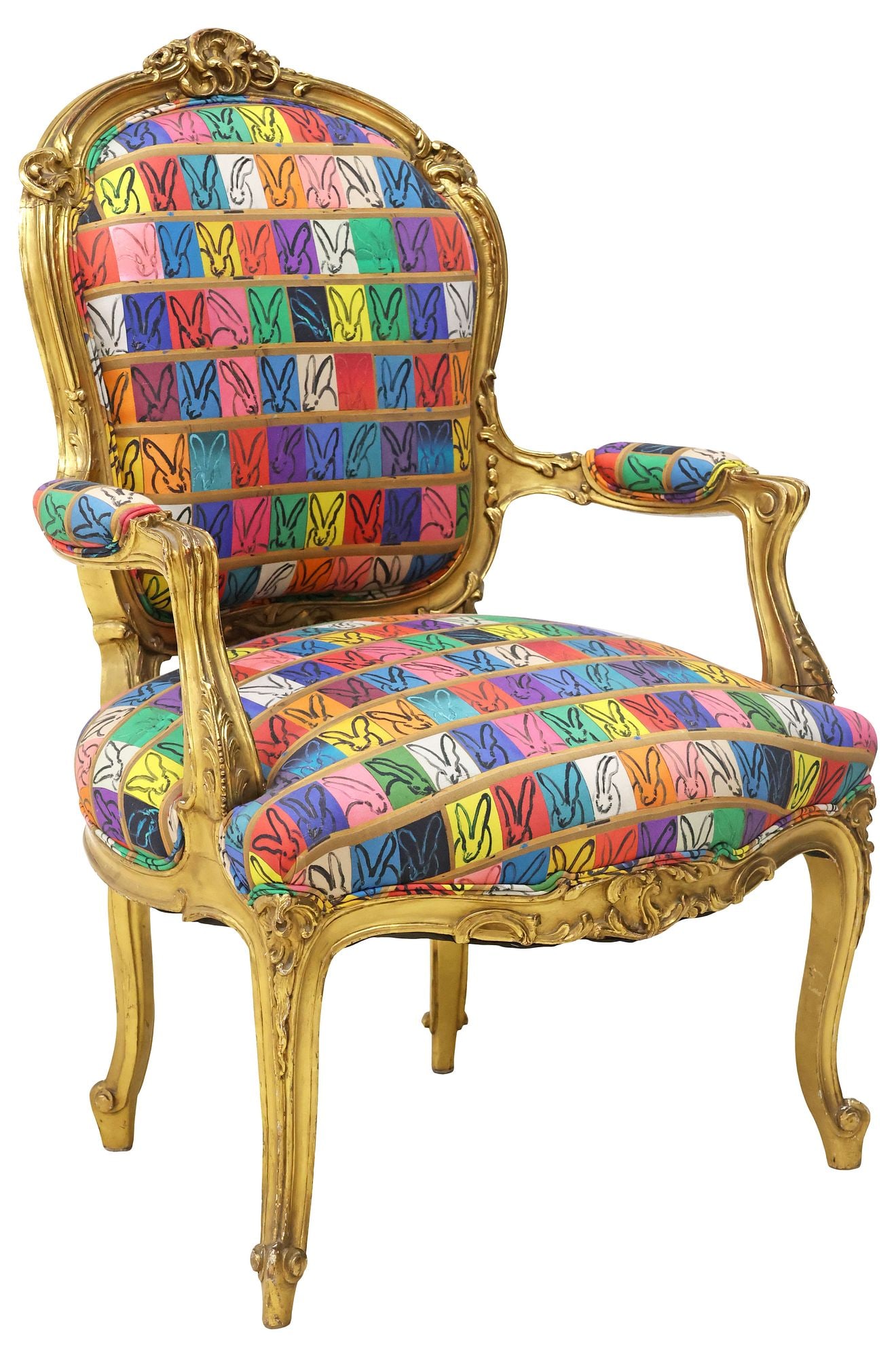 LOUIS XV STYLE GILTWOOD ARMCHAIR IN HUNT SLONEM (B.1951) RABBIT UPHOLSTERY (1 of 5)
