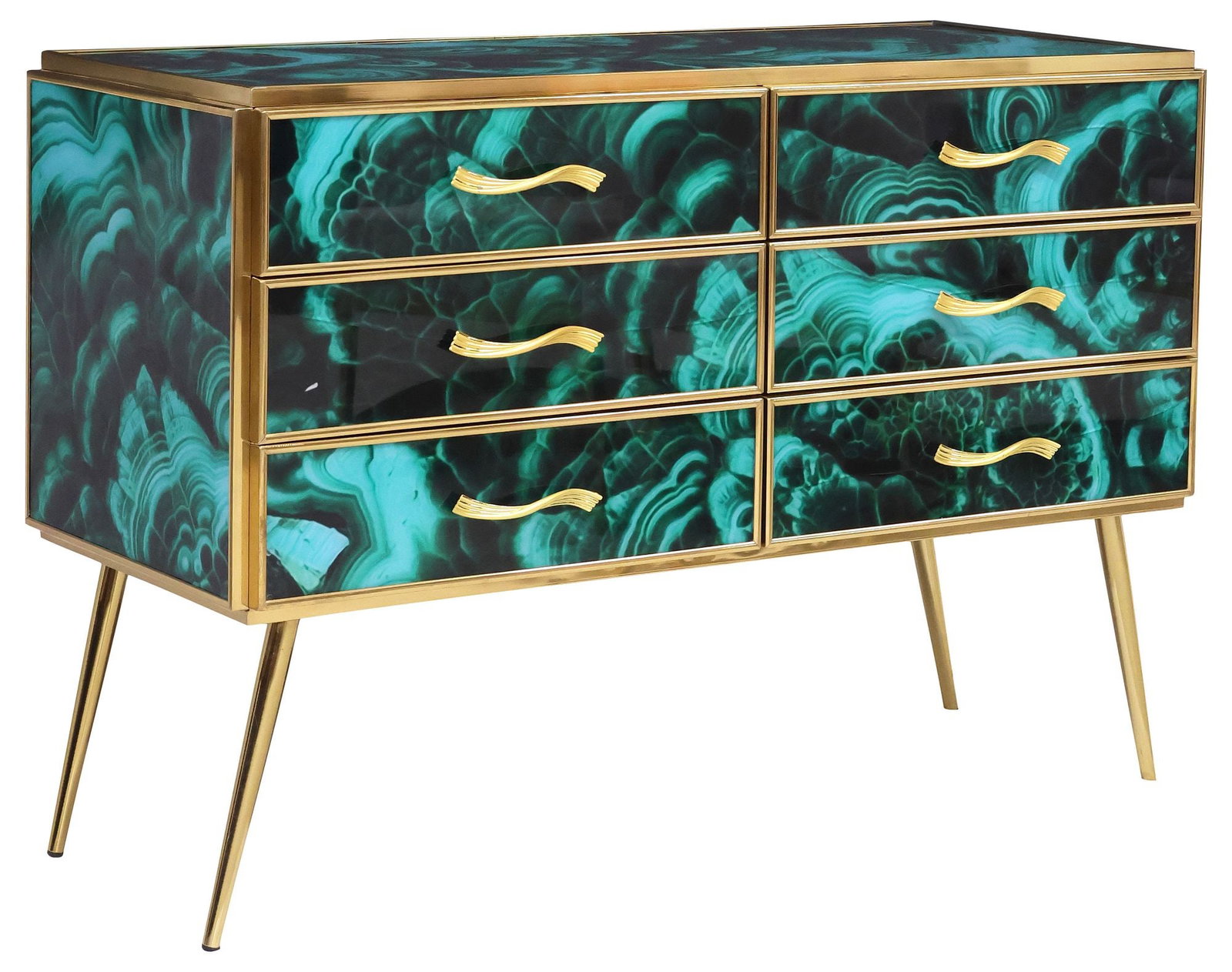 CONTEMPORARY MURANO MALACHITE-COLORED GLASS 6-DRAWER COMMODE: Contemporary Italian glass-clad malachite-colored commode, Murano, 21st c., fitted with six drawers, rising on gilt-metal splayed legs, (four) glass drawer fronts intact with stable hairlines, approx 