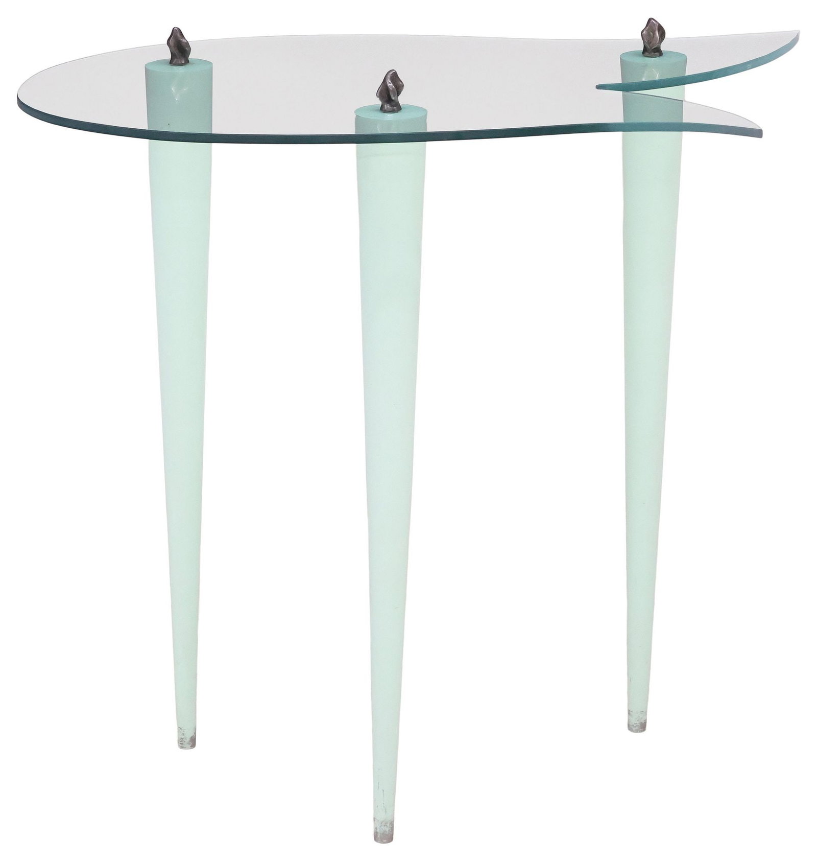 MATTIA BONETTI (ATTRIB.) 'TULIPE' SCULPTURAL STAND / ACCENT TABLE: Sculptural glass and wood "Tulipe" display stand/ side table, original design by Mattia Bonetti (Swiss, b.1952), for Neotu Gallery, Paris, bronze finials surmount the tulip-shaped glass top, rising on