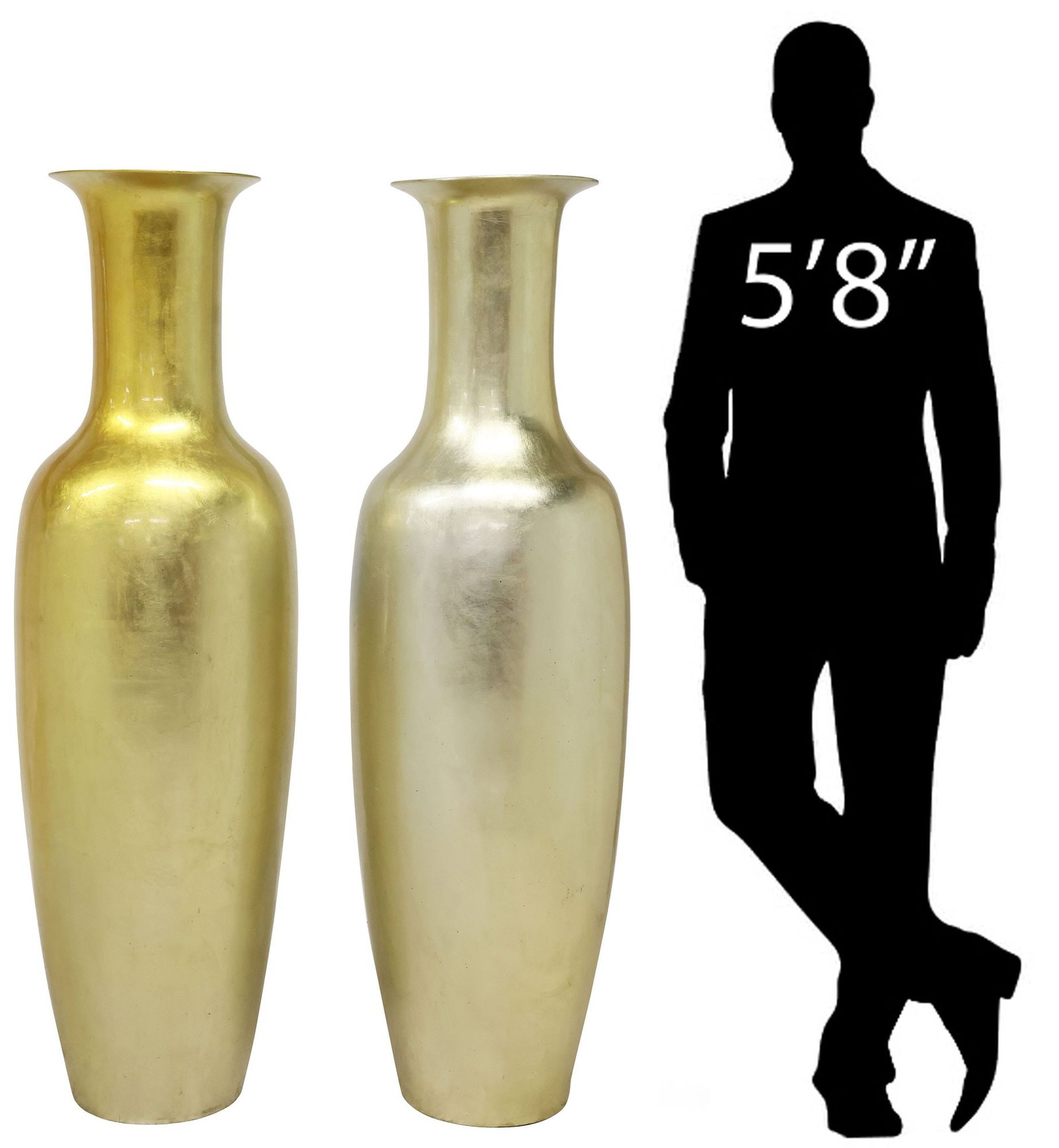 LARGE CONTEMPORARY SILVER & GOLD LEAFED CERAMIC FLOOR VASES, 62"H: (pair) Large Contemporary gold and silver-leafed stoneware floor vases, 21st c., with flared rims, and tapered body, in a lacquered finish, approx 62"h, 19"diam, 133lbs total **Provenance: Dallas, Tex
