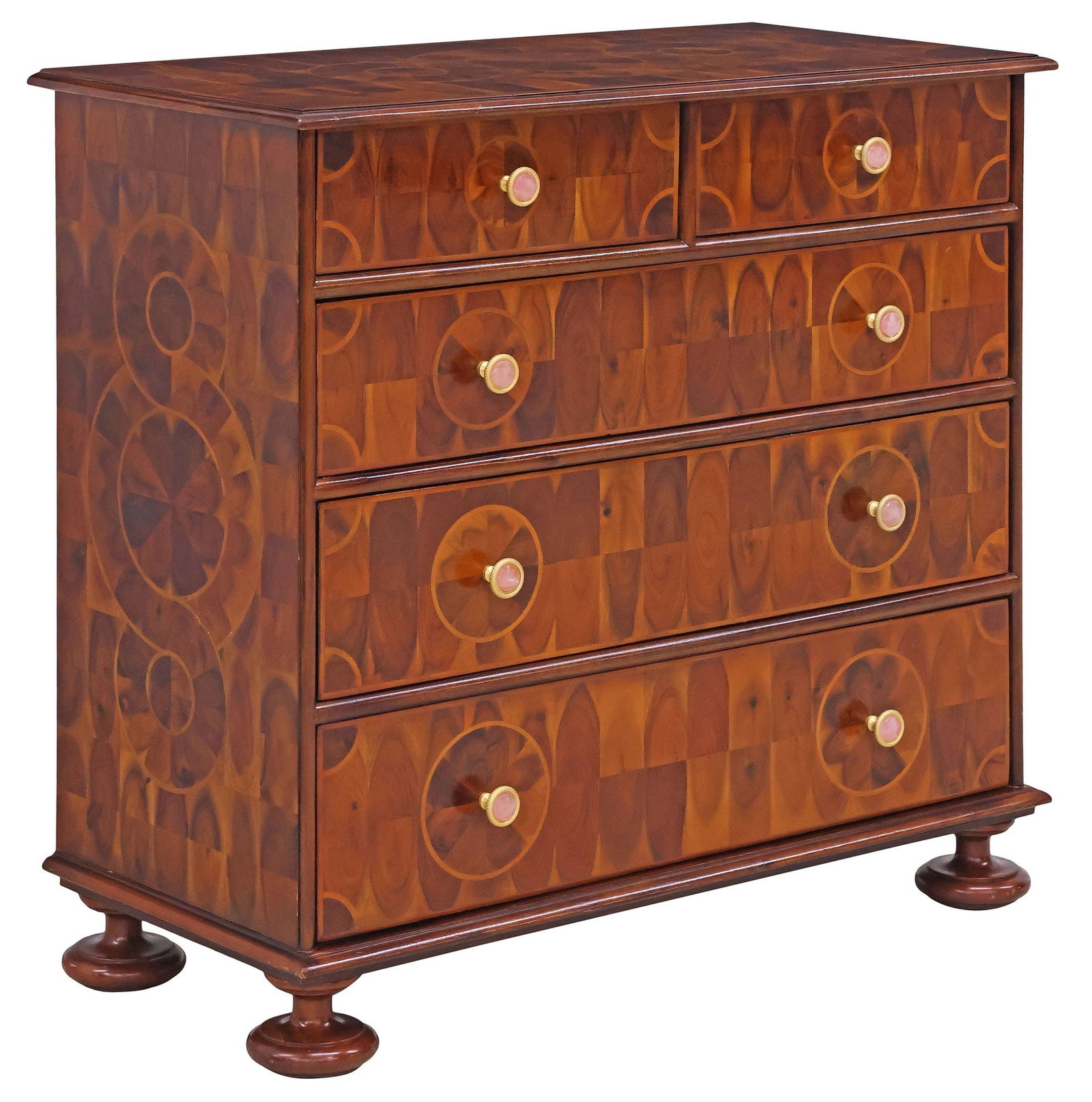 WILLIAM & MARY STYLE OYSTER VENEER CHEST, DESIGNER SHERLE WAGNER (ATTRIB.) PULLS: William and Mary style inlaid oyster-veneered chest of drawers, late 20th/ 21st c., having circular banded trim, five drawers, each fitted with gilt metal and rose quartz "Knurled" pulls, attributed t