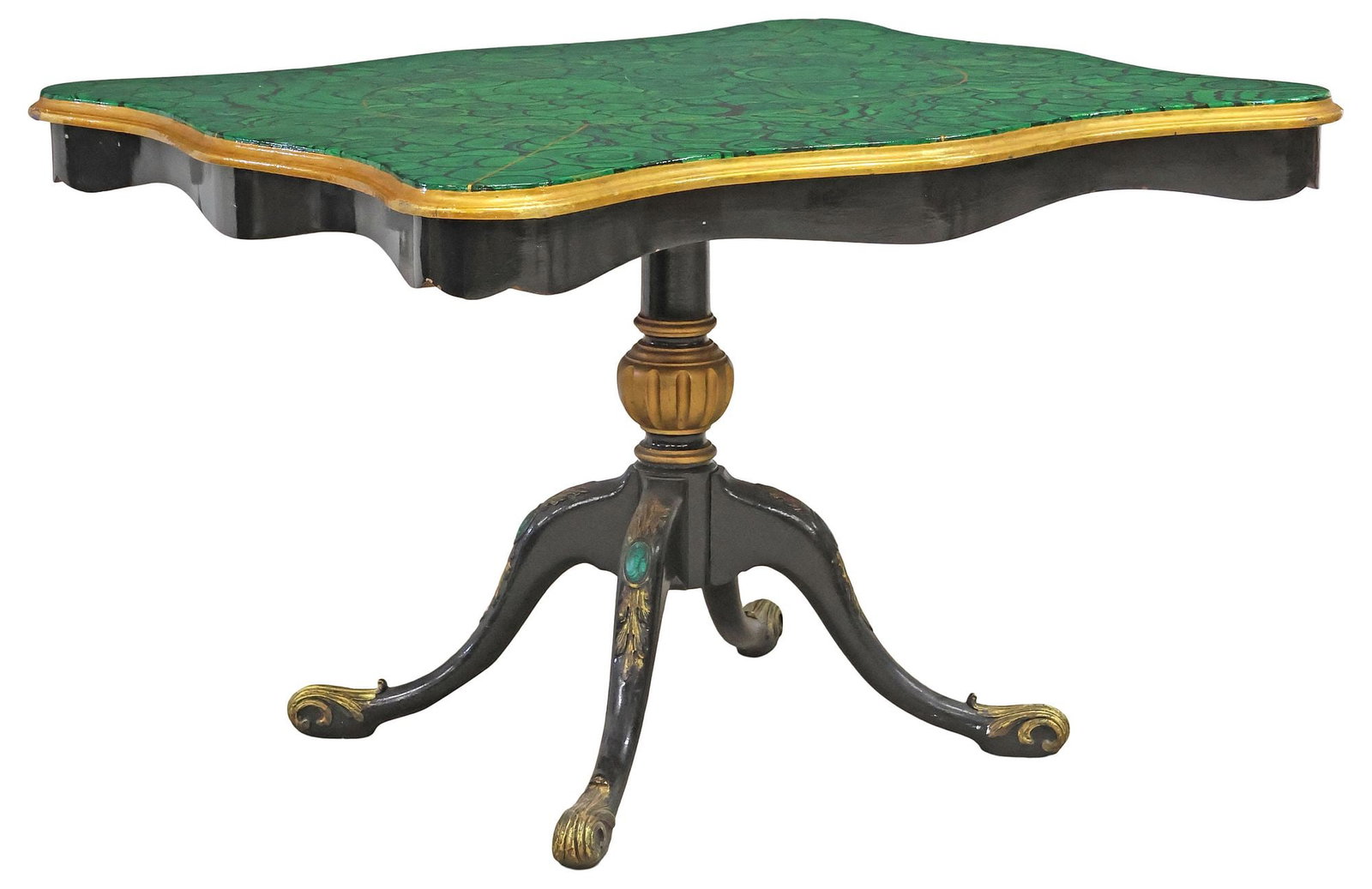 LARGE ENGLISH-STYLE FAUX MALACHITE PAINTED PEDESTAL TABLE: English-style center table, 20th c., having shaped top in a green and gilt-painted faux malachite finish, rising on turned and fluted pedestal with faux malachite painted cabochons, ending on quadripa