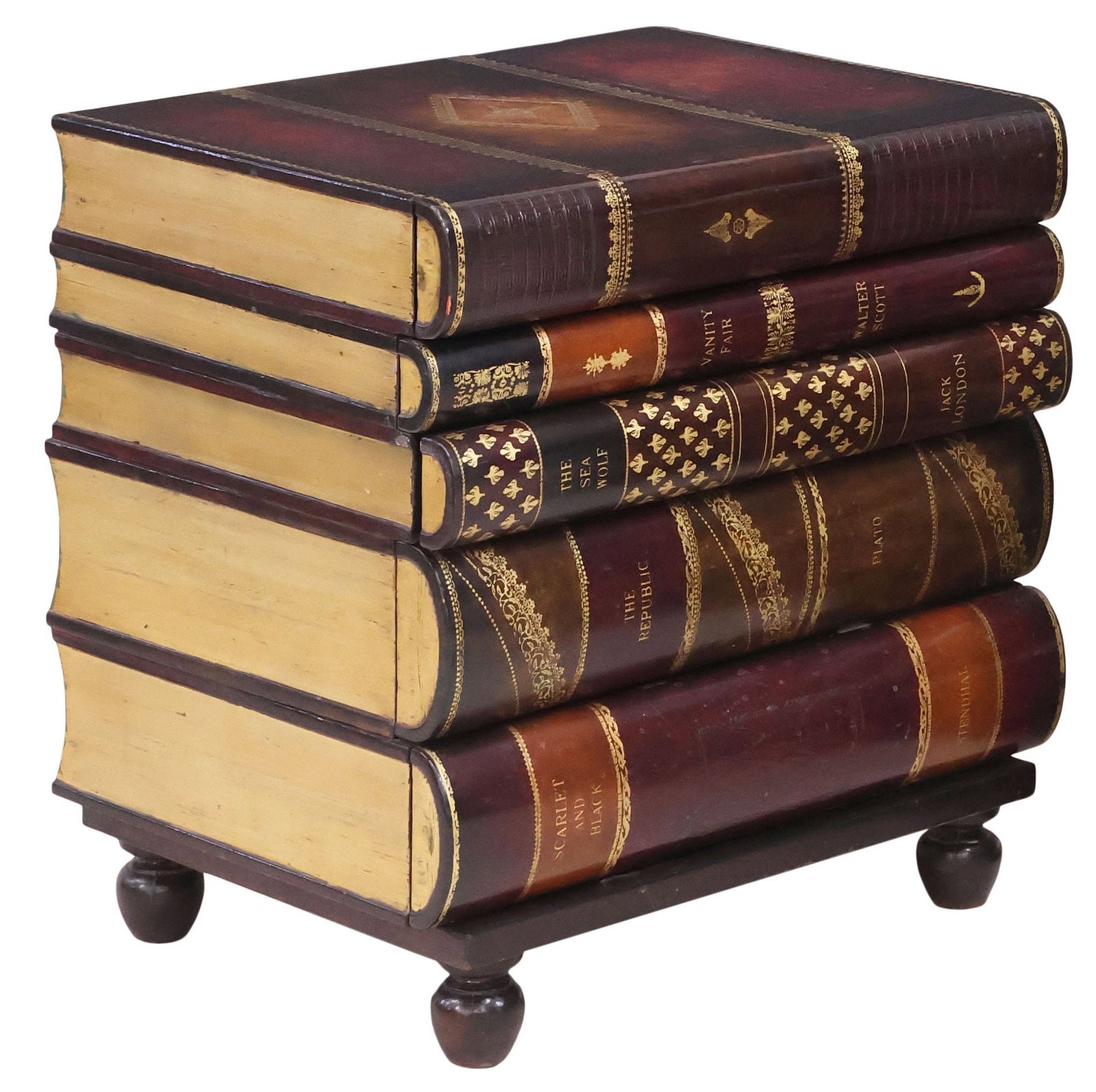 MAITLAND-SMITH LEATHER-BOUND BOOK-FORM 5-DRAWER END TABLE: Maitland-Smith leather-bound small chest of drawers or side table, late 20th c., modeled as a stack of five books, with silver-gilt tooled and embossed decoration, each spine fitted with single