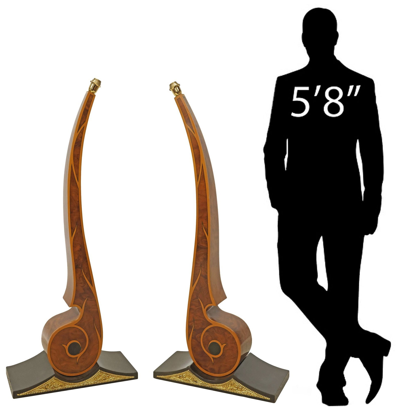 (2) CARLO RAMPAZZI (ATTRIB.) MODERNIST SCULPTURAL BURLWOOD FLOOR LAMPS: (pair) Modernist inlaid burlwood single-light floor lamps, attributed to designer Carlo Rampazzi (Swiss, b.1949) for Colombostile, 20th c., each having sculptural scrolled standard with contrasting