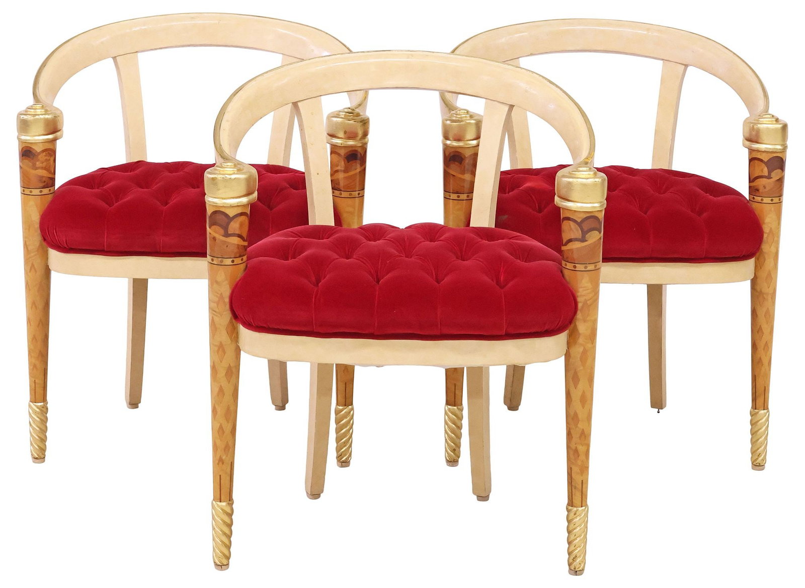 (3) CARLO RAMPAZZI (B.1949) FOR COLOMBOSTILE INLAID & PARCEL-GILT ARMCHAIRS: (lot of 3) Designer Italian mixed wood armchairs, designed by Carlo Rampazzi (Swiss, b.1949) for Colombostile, 21st c., from the "La Nova Tradizione (The New Tradition)" collection, barrel-form backs