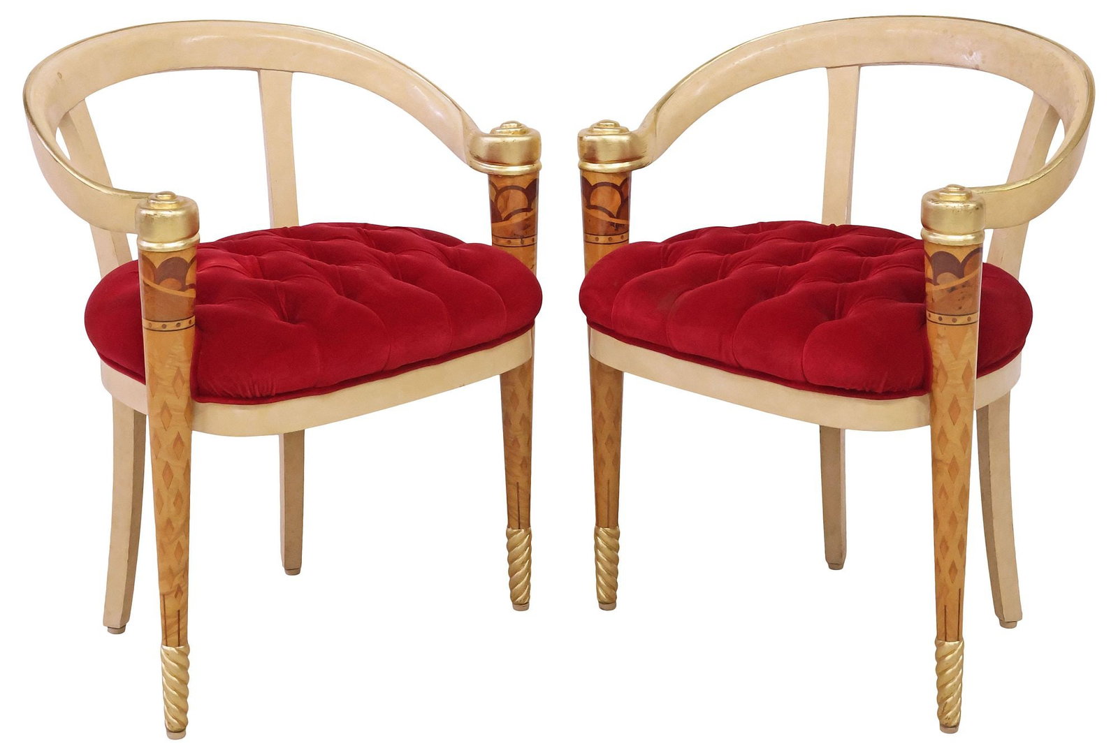 (2) CARLO RAMPAZZI (B.1949) FOR COLOMBOSTILE INLAID & PARCEL-GILT ARMCHAIRS: (lot of 3) Designer Italian mixed wood armchairs, designed by Carlo Rampazzi (Swiss, b.1949) for Colombostile, 21st c., from the "La Nova Tradizione (The New Tradition)" collection, barrel-form backs