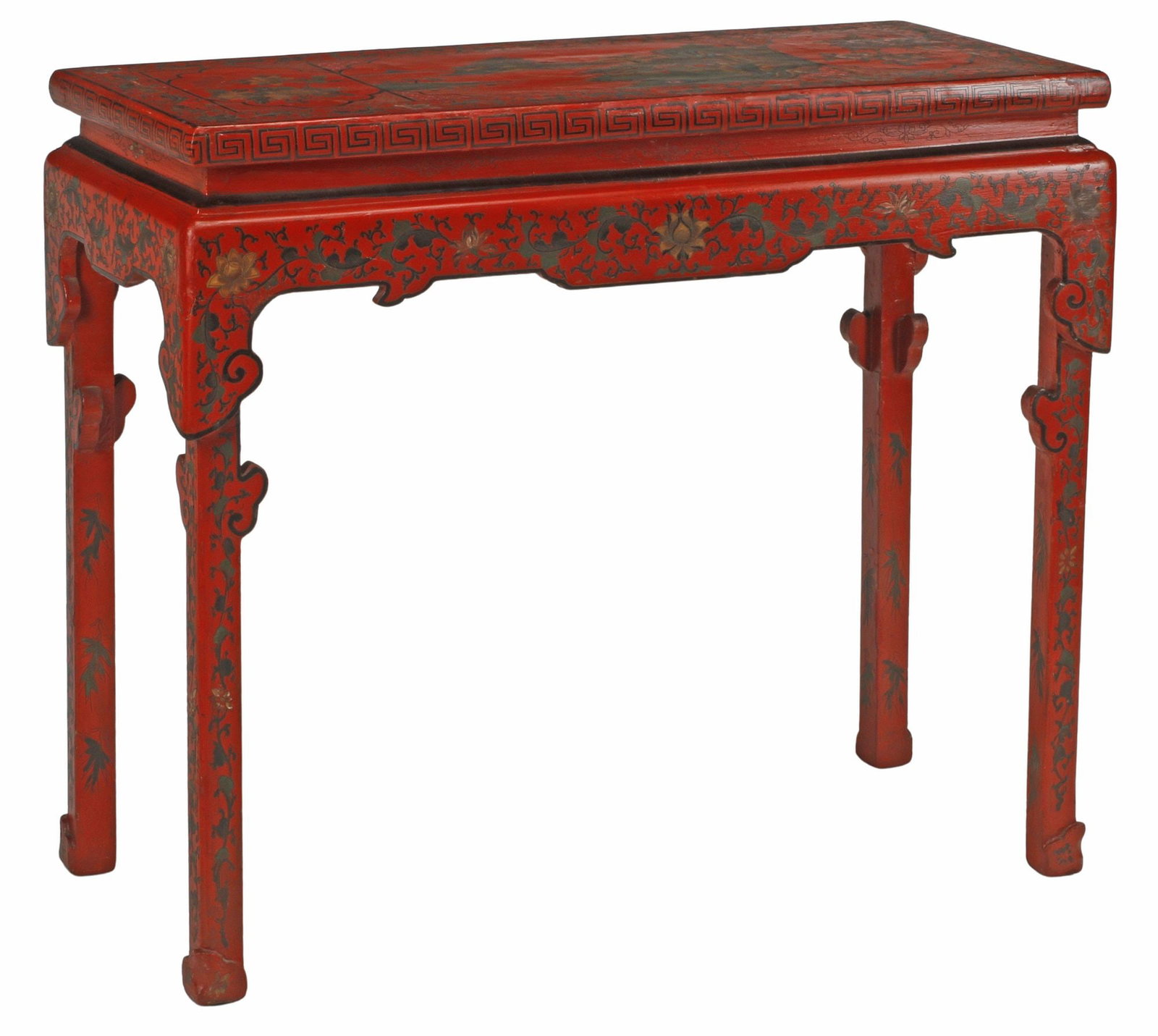 CHINESE PARCEL-GILT RED LACQUER 'LANDSCAPE' CONSOLE TABLE (1 of 5)