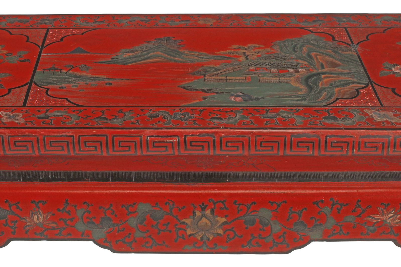 CHINESE PARCEL-GILT RED LACQUER 'LANDSCAPE' CONSOLE TABLE - 4