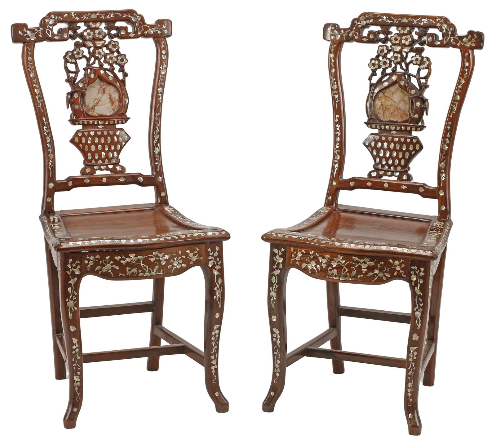 (2) CHINESE MOTHER-OF-PEARL-INLAID & MARBLE-INSET HARDWOOD SIDE CHAIRS (1 of 8)