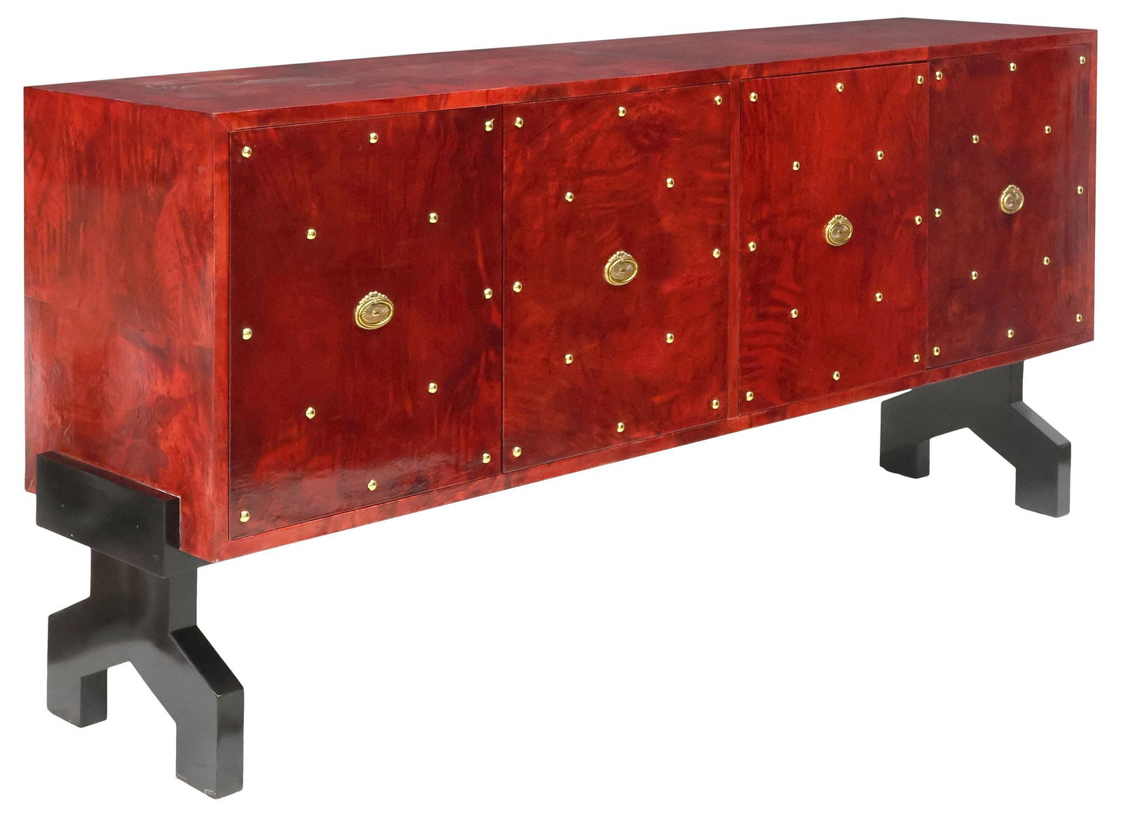 ALDO TURA (1909-1963) MID-CENTURY RED GOATSKIN PARCHMENT-CLAD SIDEBOARD (1 of 6)